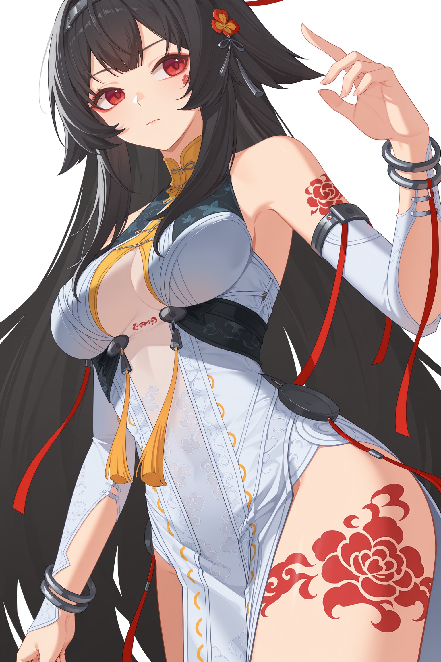 <lora:YeShunguang v0.9 illustrious-000078:1>,YeShunguang,solo,chinese clothes,dress,china dress,bare shoulders,breasts,white dress,bracelet,jewelry,detached sleeves,simple background,sleeveless dress,tattoo,black hair,long hair,red eyes,black_background,cowboy_shot,leg tattoo,flower tattoo,simple_background,white background,