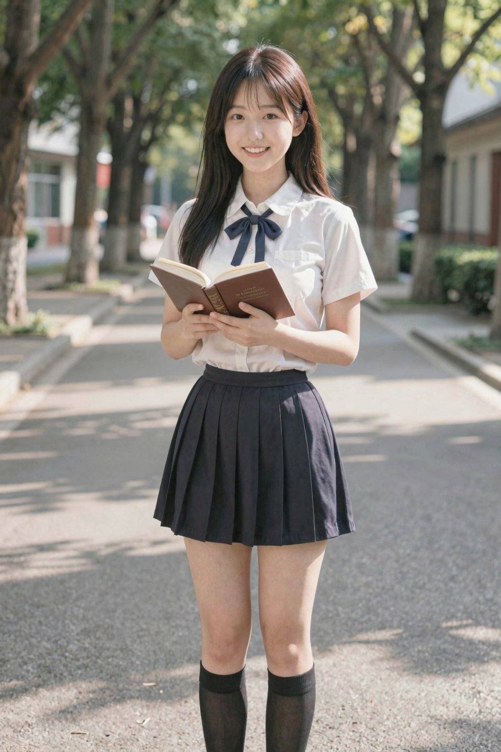 A young Asian woman, estimated age range 18-22, stands gracefully on a paved pathway, smiling warmly. She wears a classic school uniform comprising a white short-sleeved blouse with a navy blue sailor collar and tie. Her skirt is a pleated navy mini-skirt, contrasting with the white blouse. She has long, straight black hair with a fringe, slightly covering her eyebrows. Her skin is fair, smooth and her eyes are dark. She holds an open book with a brown cover, her expression radiating joy. Her legs are slender, and she is wearing knee-high black socks. The path is lined with tall trees, casting soft shadows across the scene, indicating bright daylight. The background reveals a building in the distance, partially blurred. The overall lighting is natural and even, enhancing the colors and details. The composition is a medium shot, slightly from a low angle, enhancing her presence. The image conveys a cheerful, youthful, and vibrant mood, possibly a school setting, with an air of pleasantness. Art style can be described as detailed realism with soft, warm tones. long legs,