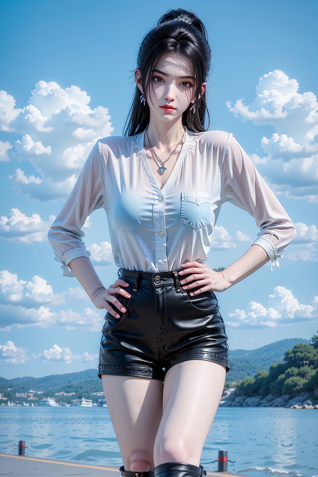 <lora:宁姚第一版:1>,1girl,solo,shorts,jewelry,black hair,boots,necklace,shirt,sky,ponytail,earrings,looking at viewer,hand on hip,long hair,outdoors,white shirt,cloud,blue sky,day,realistic,