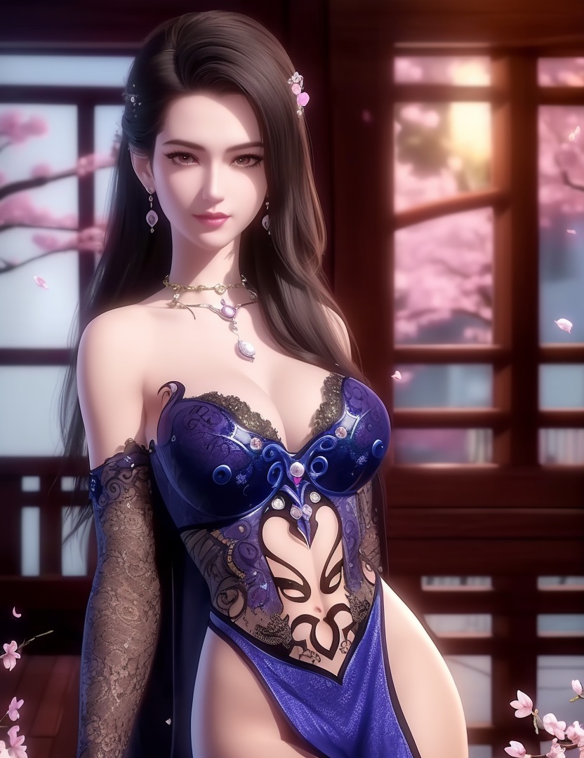 ultra realistic 8k cg, picture-perfect face, flawless, clean, masterpiece, professional artwork, famous artwork, cinematic lighting, cinematic bloom, perfect face, beautiful face, fantasy, dreamlike, unreal, science fiction,  beautiful clothes, lace, lace trim, lace-trimmed legwear,  (rich:1.4), prestige, luxury, jewelry, diamond, gold, pearl, gem, sapphire, ruby, emerald, intricate detail, delicate pattern, charming, alluring, seductive, erotic, enchanting, hair ornament, necklace, earrings, bracelet, armlet,halo((,1girl, pov,))(((,cherry blossoms, , 1girl, solo, petals,looking at viewer, large breasts, ))) <lora:DA_CaoNvYao:0.7> 
