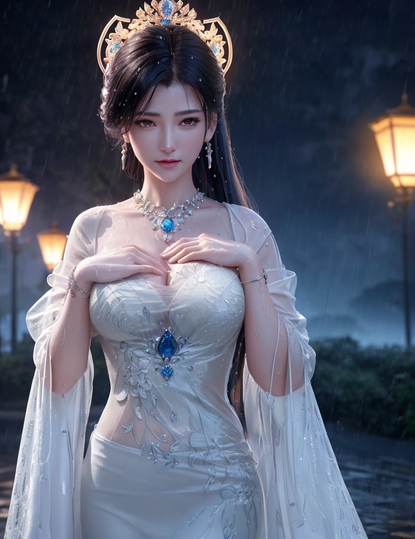 <lora:520-DA-诛仙CG-陆雪琪:0.8>(,1girl, ,best quality, ),looking at viewer, ,ultra detailed 8k cg, ultra detailed background,  ultra realistic 8k cg,          cinematic lighting, cinematic bloom, (( , )),,  , unreal, science fiction,  luxury, jewelry, diamond, pearl, gem, sapphire, ruby, emerald, intricate detail, delicate pattern, charming, alluring, seductive, erotic, enchanting, hair ornament, necklace, earrings, bracelet, armlet,halo,masterpiece, (( , )),,  ,cherry blossoms,(((, night,night sky,lamppost,  ultra high res, (photorealistic:1.4), raw photo, 1girl, , rain, sweat, ,wet, )))(( , ))   (cleavage), (),