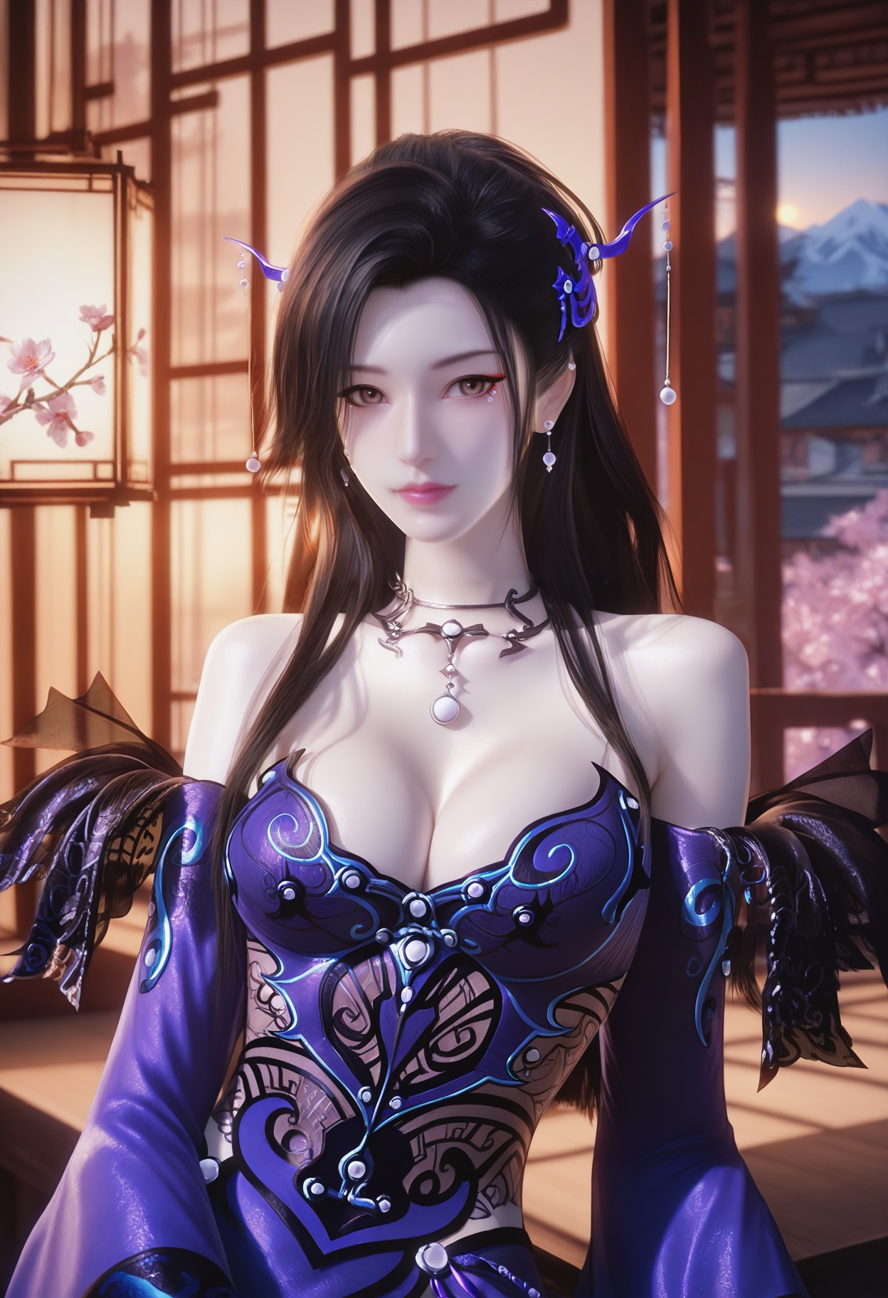 Chao_nvyao,1girl,black hair,hair ornament,jewelry,long hair,earrings,bare shoulders,cleavage,necklace,makeup,brown eyes,<lora:Chao_nvyao_5_illu-000016:0.75>,dress,purple dress,blue dress,detached sleeves,wide sleeves,photorealistic,hyperrealistic,<lora:realistic filter [IL]:1>,(pale skin:1.1),sitting,lantern,open window,looking at viewer,indoors,mountains,blossoms,flowers,east asian architecture,beautiful sunrise,warm ambient temperature,