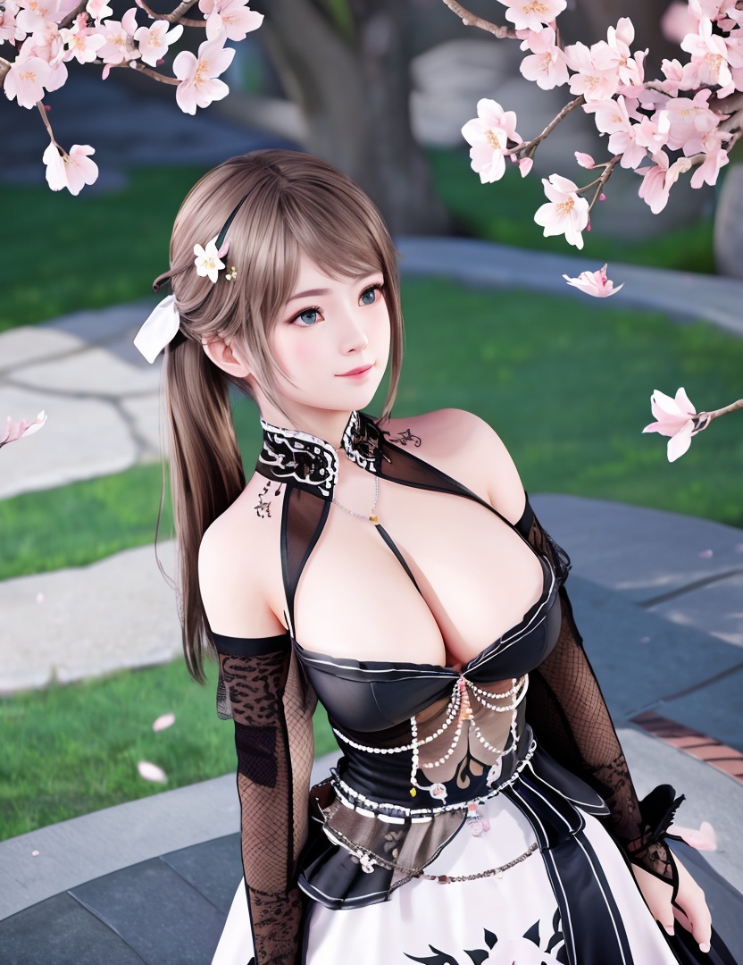 realistic, masterpiece, (,1girl, pov,best quality, ) , (,1girl, solo, large breasts, looking at viewer, cherry blossoms, )  <lora:Amy202010Halloween:1>