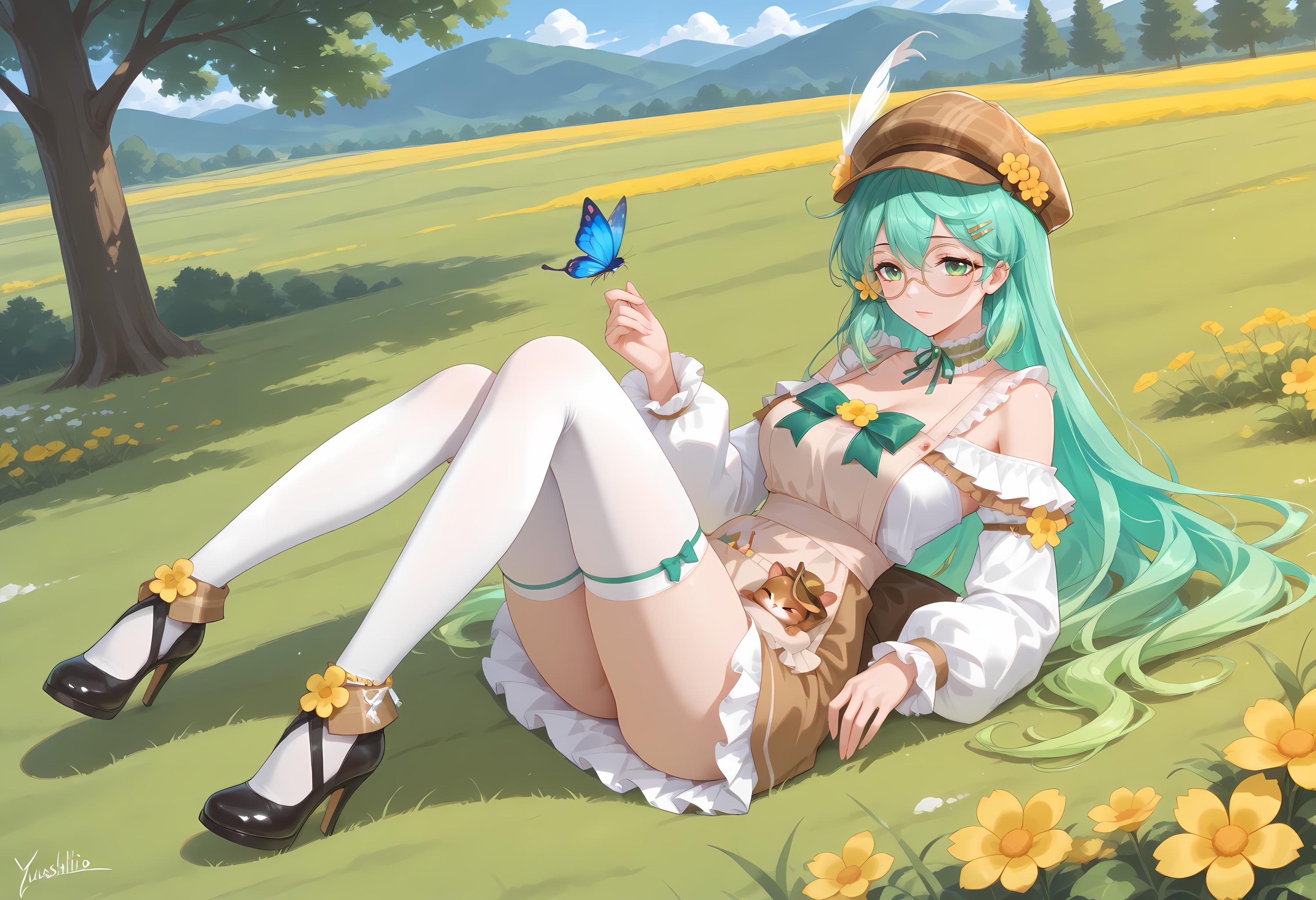 ((((full_body:1.4)))),(artist:kousaki rui:0.4),(artist:agm:0.6),(artist:arutera:0.6),masterpiece,hyper quality,amazing quality,absurdres,signature,(((((signature:yushililuo:1.5))))),<lora:神曜灵绘·缪可:1>,miuke,1girl,long hair,bangs,hair ornament,hat,green eyes,flower,green hair,glasses,hairclip,hair flower,aqua hair,yellow flower,round eyewear,brown headwear,hat flower,monocle,plaid headwear,breasts,thighhighs,long sleeves,dress,bow,bare shoulders,very long hair,multicolored hair,frills,puffy sleeves,off shoulder,black footwear,apron,high heels,white thighhighs,gradient hair,detached collar,green bow,puffy long sleeves,round eyewear,brown headwear,choker,frilled choker,green choker,white shirt,detached sleeves,shoes,high heels,frilled sleeves,wreath anklet,outdoors,meadow,on grass,lying,eyes_closed,sunlight,day,blue_sky,solo,animal,squirrel,insects,butterfly,bird,carrier pigeon,tree,shadow,