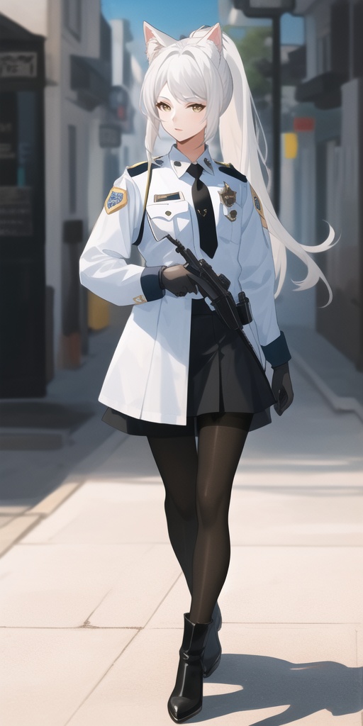 xuanji,1girl,animal ear fluff,white hair,high ponytail,black gloves,long hair,animal ears,high_heel_boots,long hair,looking_up,full body,small breasts,masterpiece,best quality,HDR,UHD,8K,Highly detailed,solo,,(police_uniform:1.3),skirt_suit,(black_pantyhose:1.4),<lora:xuanji-000016:0.7>
