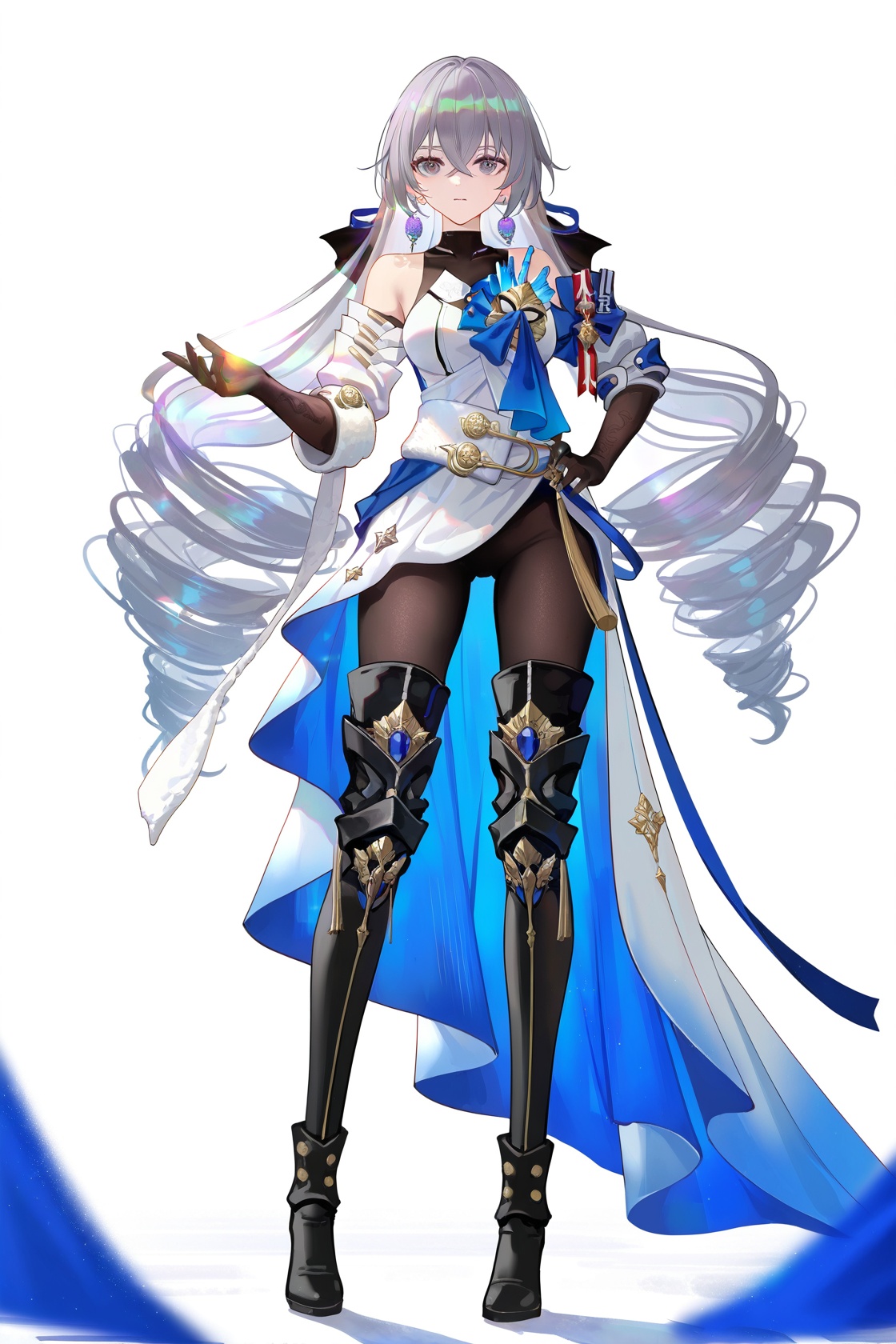 8k,best quality,masterpiece,(ultra-detailed),(high detailed skin),((artist:reoen),(artist:fuzichoco),(artist:atdan),(artist:torino_aqua),year 2024:0.8)1girl,[artist:wlop],[artist:ningen_mame],artist:ciloranko,[[artist:rhasta]],artist:tidsean,colorful,detailed light,light leaks,sunlight,bokeh,blurry foreground,ray tracing,lens flare,cinematic lighting,full body,full shot,standing,looking at viewer,(solo:1.2),simple background,(white background:1.2),hand on own hip,(white background:1.1),<lora:dayaya-noob-Tanger:0.8>,bronya_rand_/(honkai:_star_rail/),bronya_rand,clothes:bronya_rand_def,xtyaya,classical military uniform,1girl,gloves,long hair,boots,bangs,A full-body portrait of a young girl,standing gracefully,pastel art style,high-key lighting,shoujo manga influence,hd quality,delicate details,