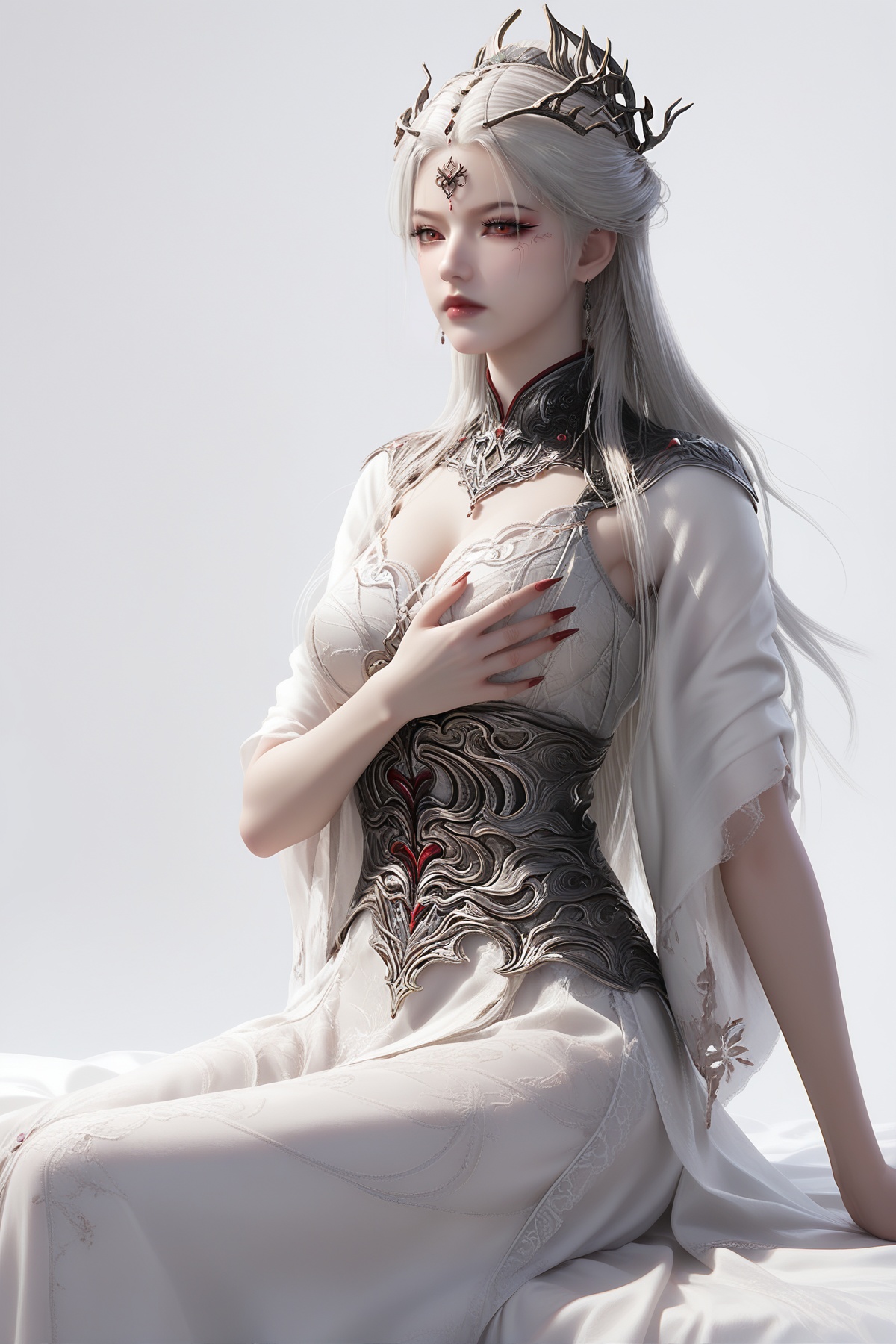 score_9,score_8_up,score_7_up,<lora:wy_aishen_xs_XL7.0:0.8>,1girl,solo,long hair,dress,white hair,pale skin,white dress,fingernails,red eyes,breast,medium breasts,sitting,bed,simple background,