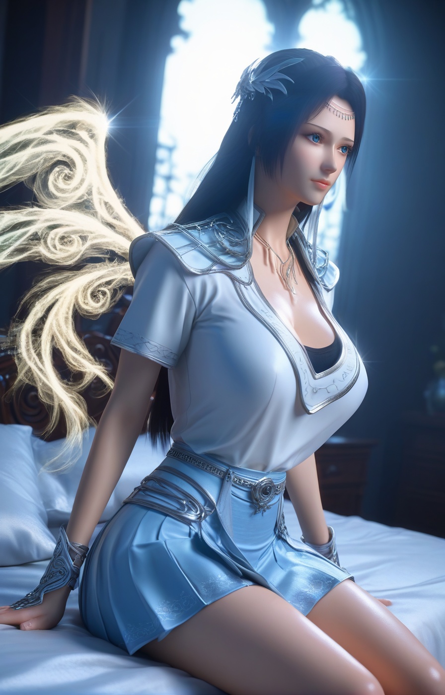 score_9,score_8_up,score_7_up,source_anime,eye reflection,<lora:qingxuan_yunyun_PONY>,1girl,solo,jewelry,black hair,blue eyes,long hair,necklace,wings,huge breasts,(beautiful_detailed_eyes:1.2),highly detailed,volumetric,dramatic lighting,oil,(shiny_skin:1.2),ultra detailed 8k cg,ultra detailed background,(full_shot:1.3),rating_explicit,3D,(realistic:1.5),perfect face,detailed face,sexy pose,supermodel,overall warm color,dol,innocence,mysterious,surreal,highly detailed,concept art,extremely detailed,amazing quality,ultra-high resolution,32K UHD,sharp focus,best-quality,with a high-end texture,golden hour,unconventional supreme masterpiece,masterful details,temperate atmosphere,high detailed  skin,(detailed skin:1.1),highly detailed,nice hands,Skindentation,skin depression,<lora:Add_more_details_V2_XLpony:0.6>,dramatic lighting,detailed face,forehead jewel,indoor,bedroom,bed_sheet,pillow,sitting,((white_shirt:1.4)),((skirt:1.4)),