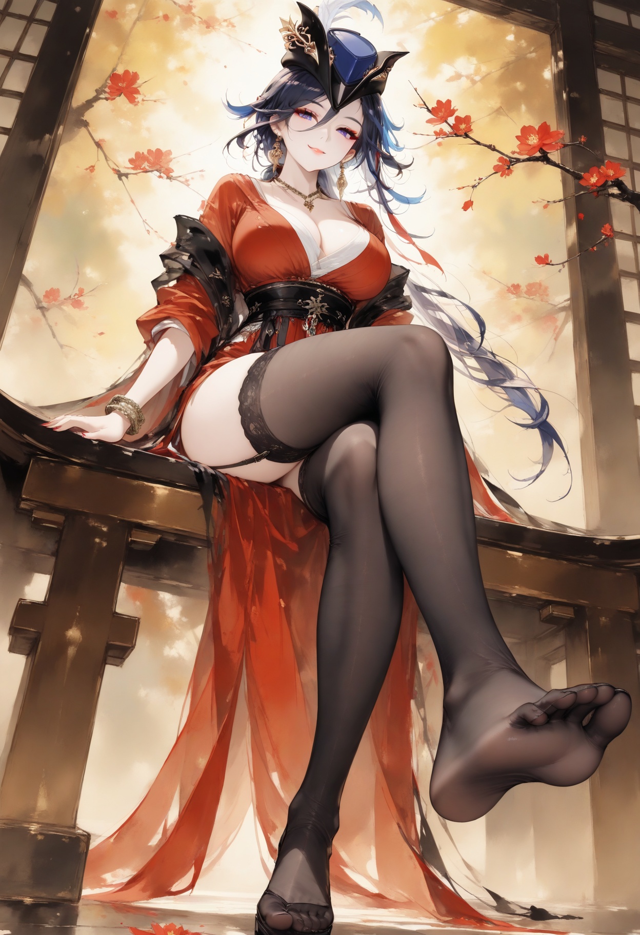 masterpiece,best quality,amazing quality,very aesthetic,sharp focus,high-end texture,(very awa,masterpiece,best quality,year 2024,newest,highres,absurdres),extremely aesthetic,dreamy atmosphere,dramatic lighting,clorinde \(genshin impact\),tricorne,1girl,solo,long hair,hair ornament,eyelashes,(from below:1.1),(full body:1.1),red lips,large breasts,makeup,bracelet,earrings,necklace,seductive smile,dynamic pose,alternate costume,hanfu,chinese clothes,black thighhighs,garter straps,branch,flower,colorink,,,sitting,(foot focus:1.3),crossed legs,from behind,<lora:wl-illV1-000017:0.65>,<lora:colorinkV2.0:0.8>