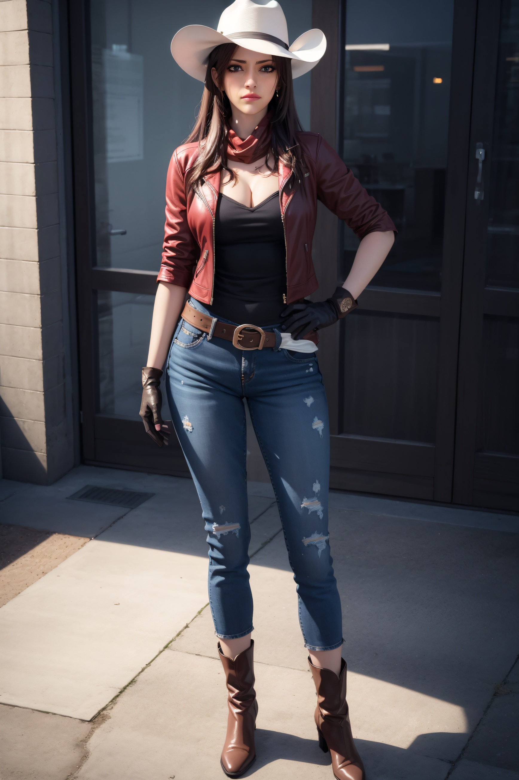 8k,4k,ultrares,highres,(masterpiece, top quality, best quality),extreme detailed,colorful:1.4,highest detailed,ultra-detailed,(highly detailed CG illustration),ultra-fine painting,(Vivid Colors:1.1):1.4,(Omnilight Detail Texture: 1.3),1girl,solo,long hair,lips,medium breasts,scarf,jacket,gloves,black gloves,fingerless gloves,jeans,belt,boots,(full body),standing, looking at the audience,(Cowboy hat),<lora:手部修复ClearHands_v2.0:1:2>,<lora:NM_背景增强_温和:0.3>, <lora:SDS-XL泛光调节器_v1.0 (1):0>, <lora:photo:0.75>