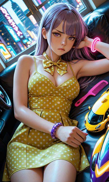 masterpiece, best quality, newest, highres, absurdres, detailed, detailed face, 8K, depth of field, focused subject, dynamic angle, cowboy shot, BREAK, A futuristic city covered in neon lights and flying cars, Window light diffused with a sheer curtain (Diffused Window Light)., 1girl lying, on side, wearing Gold Bowtie neck blouse with a polka-dot print. with Apple green Wrap skirt, Rubber Bracelet and Ear Expanders, Yellow and Purple Faded Comb-Over with Line Up, Annoyed: Scrunched nose raised eyebrows slightly pursed lips conveying irritation impatience or annoyance., medium breasts