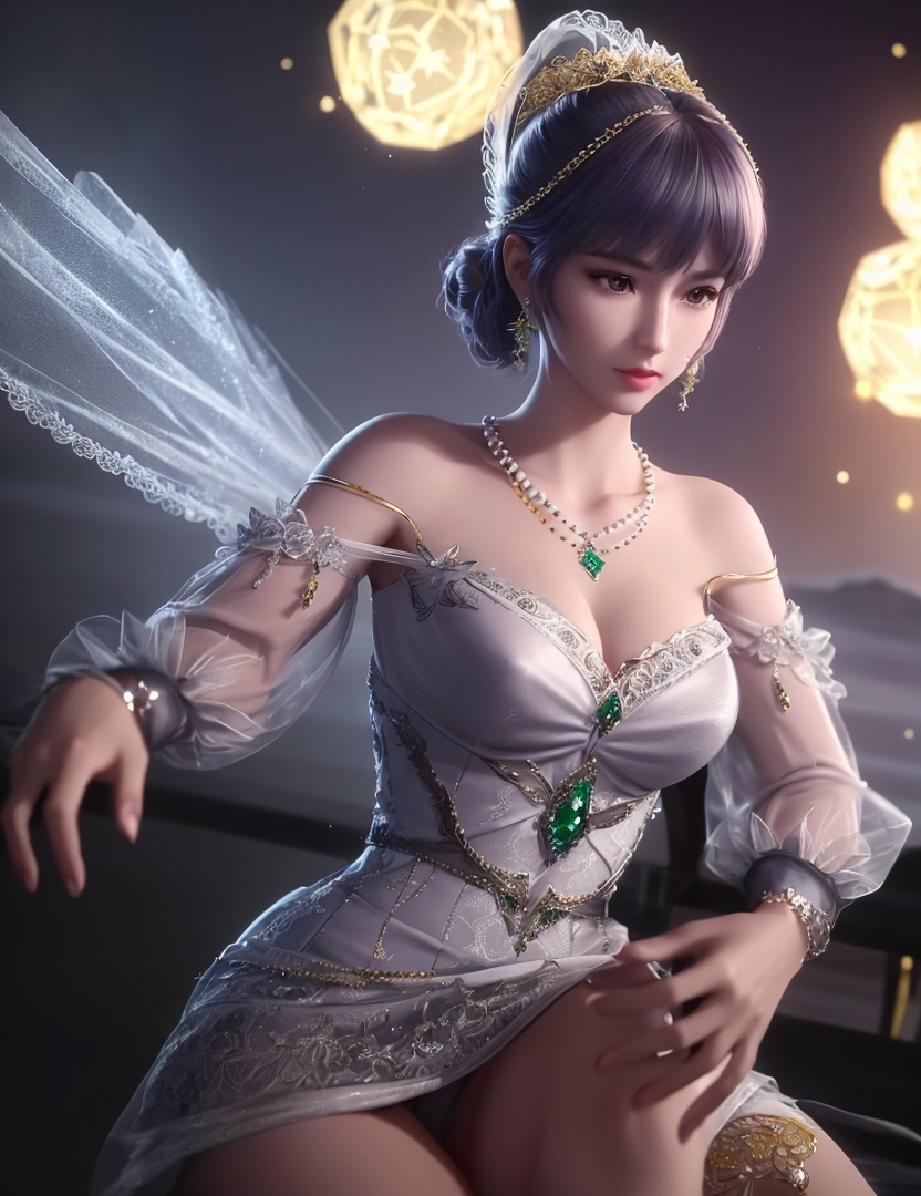 ultra realistic 8k cg, picture-perfect face, flawless, clean, masterpiece, professional artwork, famous artwork, cinematic lighting, cinematic bloom, perfect face, beautiful face, fantasy, dreamlike, unreal, science fiction,   lace, lace trim, lace-trimmed legwear,  (rich:1.4), prestige, luxury, jewelry, diamond, gold, pearl, gem, sapphire, ruby, emerald, intricate detail, delicate pattern, charming, alluring, seductive, erotic, enchanting, hair ornament, necklace, earrings, bracelet, armlet,halo((,1girl, pov,))  ((, 1girl, solo, star_\(symbol\), bouquet, pillarboxed, dress, jewelry))<lora:DA_BaiChenXiang:0.6>