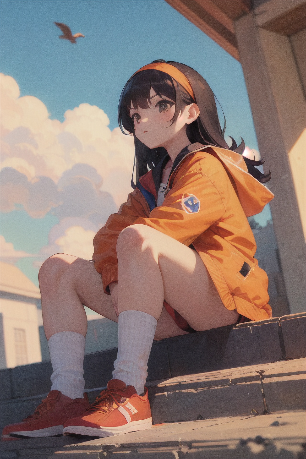 (masterpiece,  best quality,  ultra detailed), 1girl,orange shoes,solo,sitting,sky,clouds,outdoors,black hair,bird,upward view,blue sky,white socks,daytime,orange jacket,building,long sleeves,leaves,long hair,stairs,red headband,pump Rope,headband,bangs,cloudy sky,from_below,wide_shot,