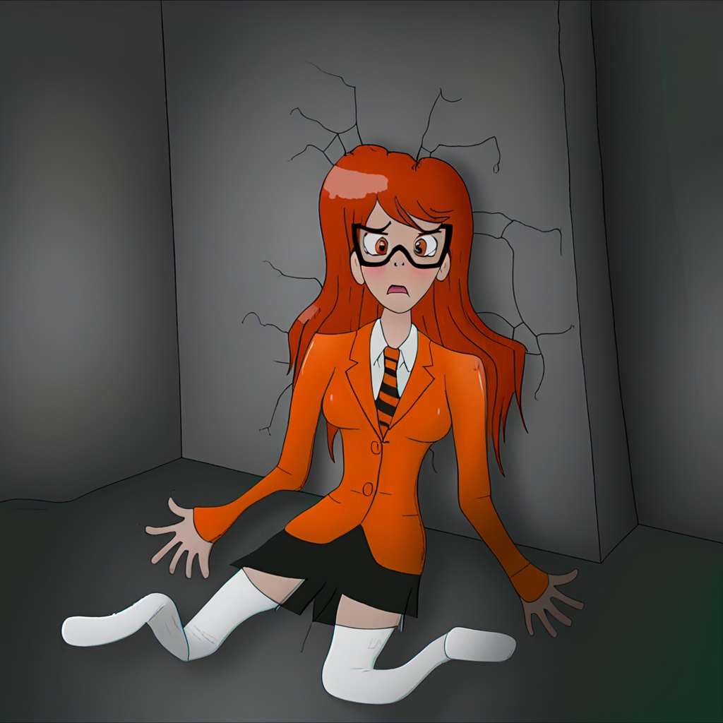 flatstyle,   girl, red hair, glasses, orange blazer, black skirt, white socks, spider, , corner, trapped, frightened, worried, helpless, cartoon, illustration, digital art<lora:flatstyleSDXL-000019:1>