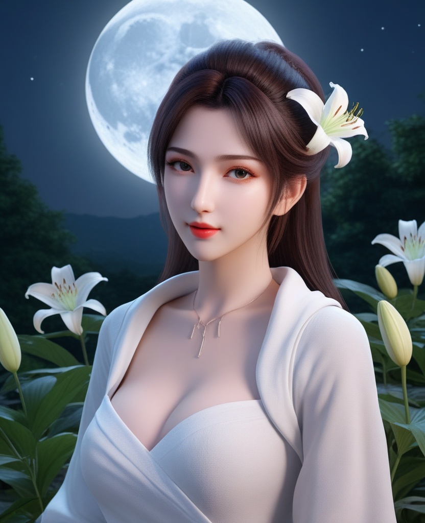 <lora:577-DA-XL-斗破苍穹-云韵-黑服:0.8>(,1girl, ,best quality, ),looking at viewer,  ,ultra detailed background,ultra detailed background,ultra realistic 8k cg, , ,masterpiece, (( , )),, ultra realistic 8k cg, ,      ,lily \(flower\) ,full moon ,strawberry blossoms      (cleavage), (),