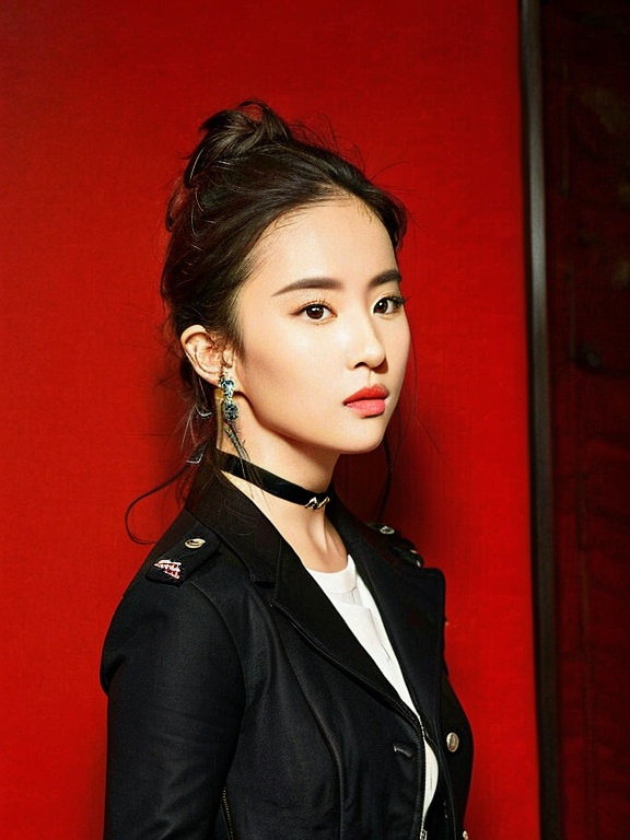 lyf,1girl,choker,solo,black_choker,red_jacket,black_hair,looking_at_viewer,realistic,lips,jacket,<lora:刘亦菲:1>,