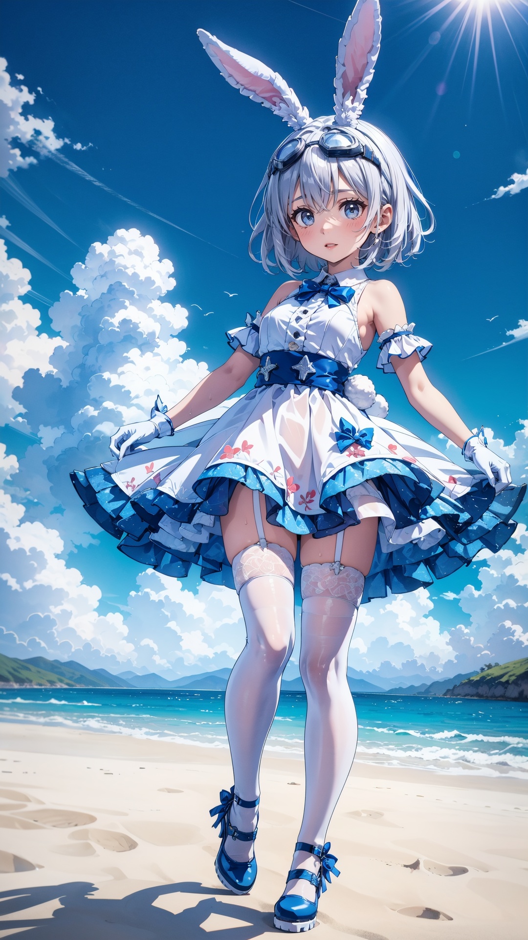 tutututu,1girl,solo,rabbit ears,white dress,white gloves,blue footwear,goggles on head,sleeveless dress,bangs,blue bow,white hair,short hair,white thighhighs,<lora:SY-000010:0.7>,Cute, chubby On a wide stretch of beach in the warm sun, an energetic girl is playing a game of beach soccer. The girl is engrossed in running on the field, In the distance, the blue sky and white clouds reflect the vastness of the sea, and the sea and sky are the same color, which makes people feel refreshed and happy. The sun shone on the girl's body, and her sweat glistened in the sun