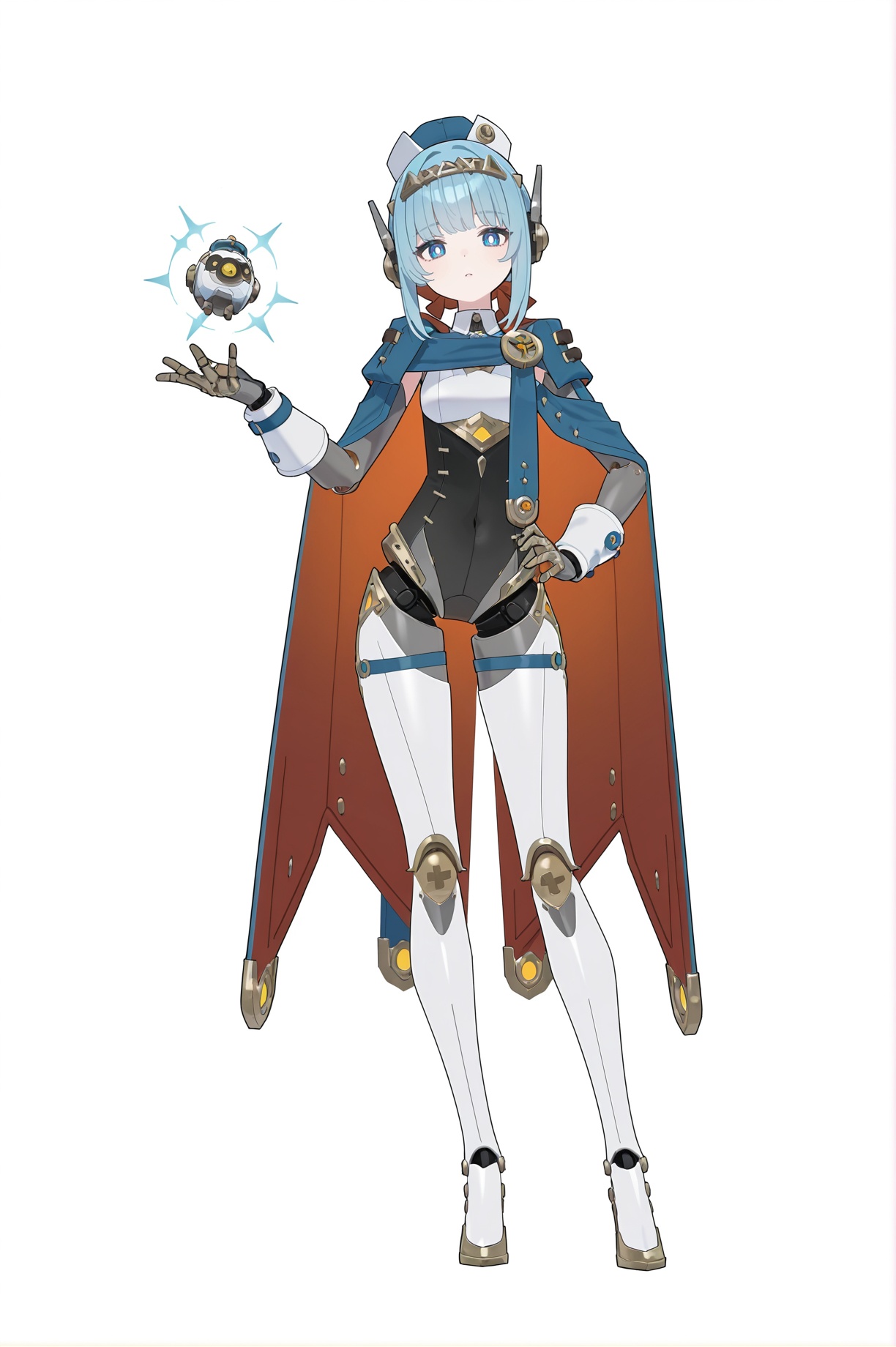 8k,best quality,masterpiece,ultra-detailed,(high detailed skin),(year 2024:0.8),flat color,artist:maidforge,artist:aqua inc.,artist:edoya inuhachi,artist:reoen,artist:fuzichoco,jijia,2d,ambient light,full body,full shot,standing,looking at viewer,(solo:1.2),simple background,(white background:1.2),hand on own hip,(white background:1.1),<lora:Ineffa-ill-Tanger-000014:0.8>,(Ineffa,Ineffadef cape,clothes: Ineffadef outfit:1.2),1girl,solo,joints,Ineffa blue eyes,blue hair,robot joints,android,white pupils,hat,
