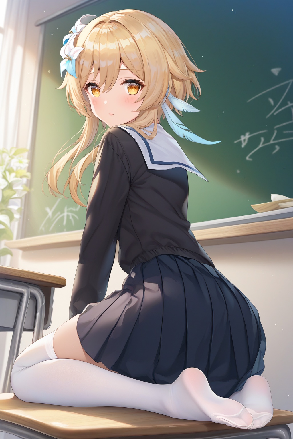 score_9,score_8_up,score_7_up,score_6_up,score_5_up,score_4_up,source_anime,source_cartoon,<lora:lumineTuPONYXL-000008:0.7>,lumine \(genshin impact\),1girl,blonde hair,solo,skirt,thighhighs,school uniform,chalkboard,hair ornament,yellow eyes,white thighhighs,no shoes,flower,hair flower,serafuku,blush,sitting,long sleeves,looking back,pleated skirt,looking at viewer,feet,shirt,short hair with long locks,indoors,sailor collar,desk,seiza,soles,closed mouth,white sailor collar,feathers,feather hair ornament,black skirt,black shirt,alternate costume,hair between eyes,from behind,white flower,zettai ryouiki,