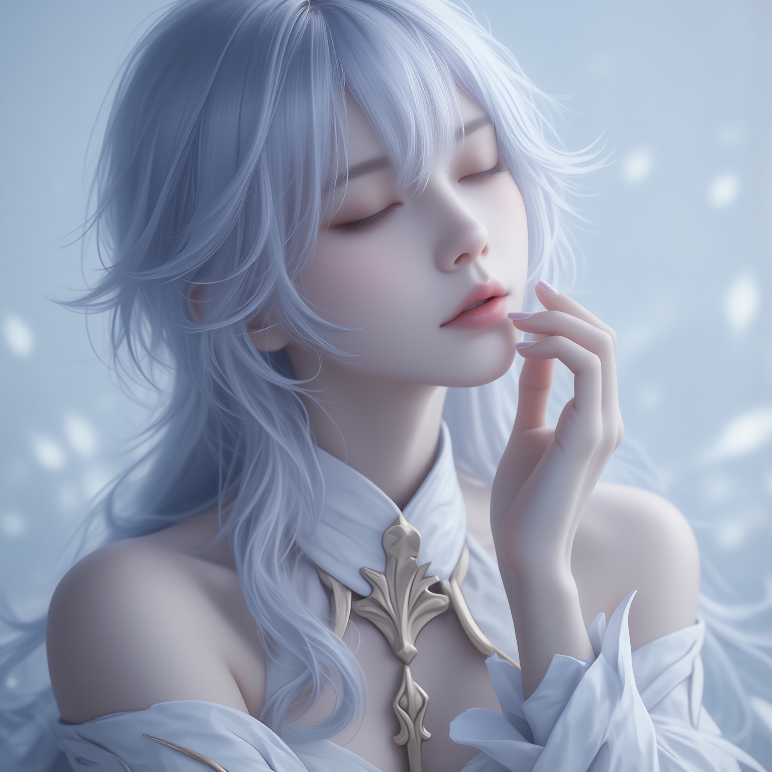 This is a highly detailed digital artwork of a young woman with a surreal,  ethereal quality. The subject is depicted in a...