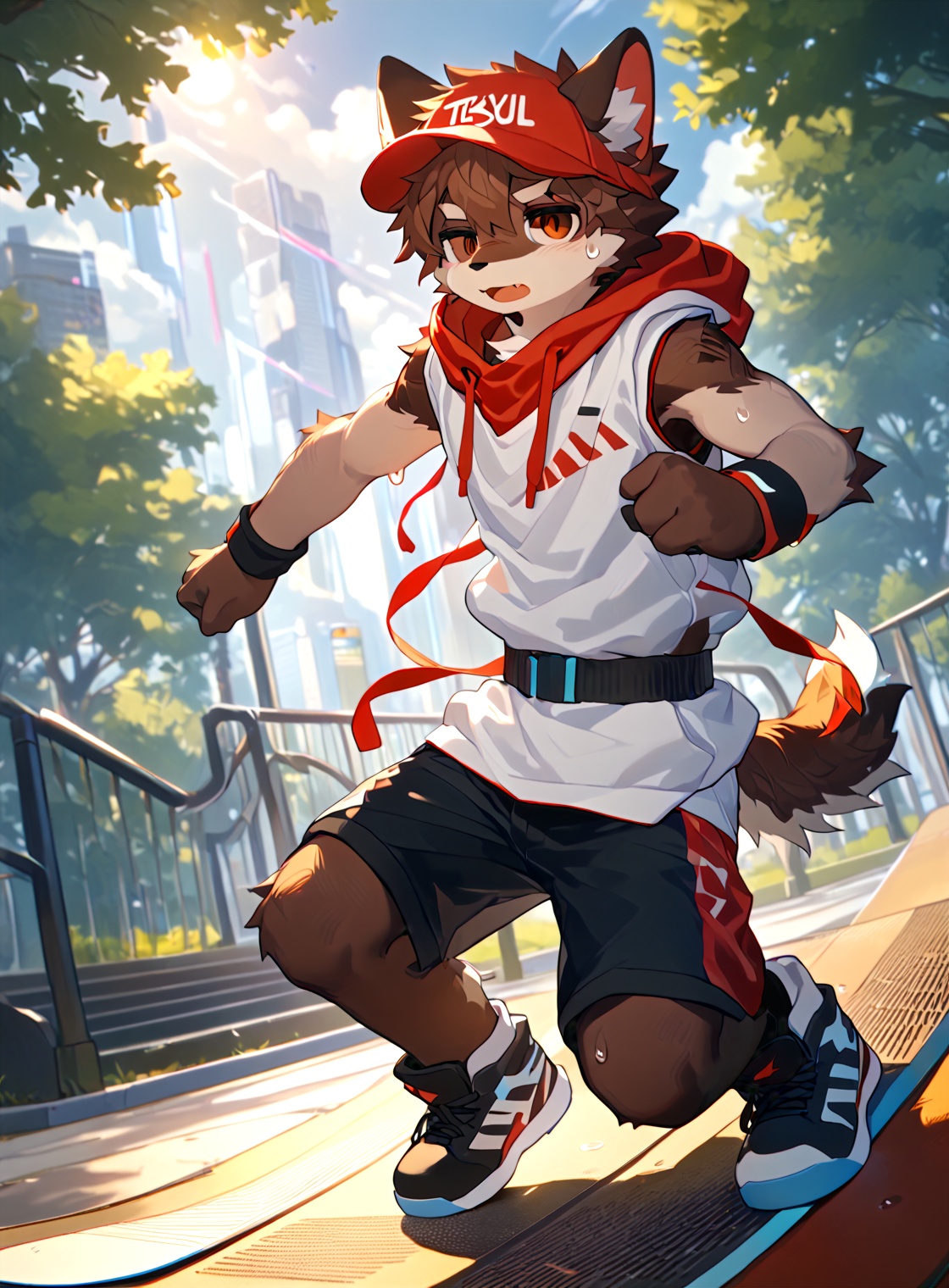 masterpiece,best quality,amazing quality,very aesthetic,high resolution,ultra-detailed,absurdres,newest,scenery,1boy,male,solo,tsuguxl,brown hair,brown eyes,wristband,(((sleeveless hoodie,hood up),baseball cap,clothes_around_waist,shorts),bodysuit,red cap),white_hoodie,((one eye half-closed)),concentrating,open mouth,skateboarding,big muscles,big pecs,pectorals,vein,sweat,sweatdrop,outside,park,cloudy sky BREAK depth of field,masterpiece,best quality,amazing quality,very aesthetic,high resolution,ultra-detailed,absurdres,newest,scenery,volumetric lighting,Akira,Glitch,body fur,furry,<lora:电影工坊V3.0:0.44>,<lora:nayoshi01g:0.4>,<lora:细腻线条:0.35>,