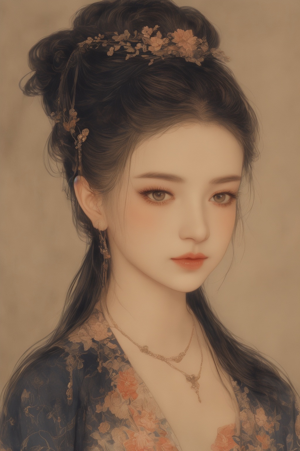 <lora:guohuagirl2-000009:0.7>,HDR,UHD,8K,Highly detailed,best quality,masterpiece,1girl, jewelry, solo, hair ornament, long hair, earrings, looking at viewer, chinese clothes, hair stick, flower, red lips, necklace, black hair, portrait, hanfu, lips, eyelashes, makeup, realistic, closed mouth, floral print, gem, brown background, hair flower, black eyes, hair bun