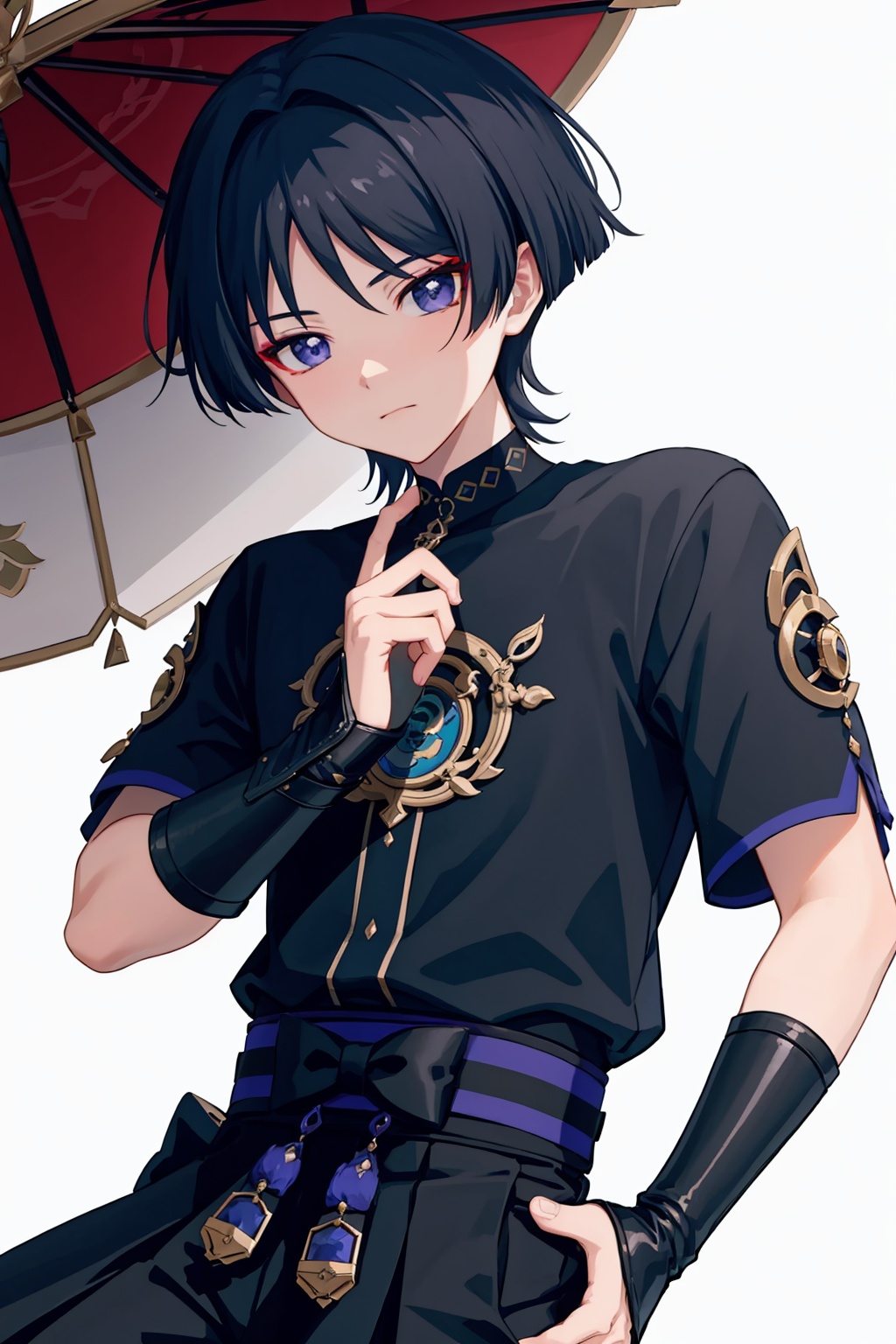 masterpiece,best quality, highly detailed, scaramouche (genshin impact),1boy,male focus,solo,simple background,short sleeves,looking at viewer,closed mouth,black shirt<lora:scaramouche_(genshin_impact):1>,simple background,white background