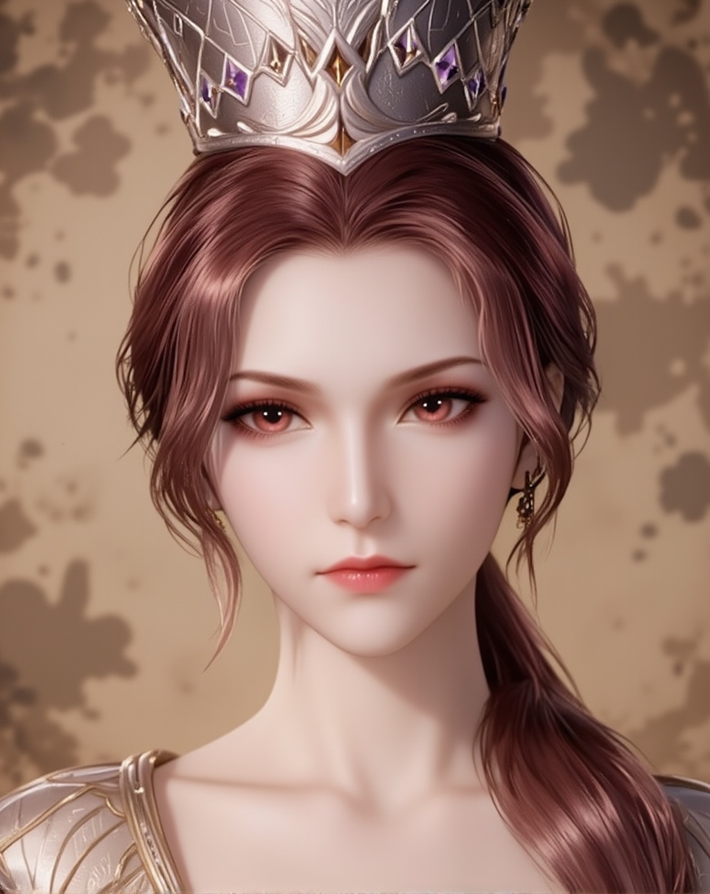 <lora:比比东·泛化版8:1.3>,bibidong,brown hair,brown eyes,pony-tail,low ponytail,looking at viewer,crown,jewelry,cover,gradient background,close-up details,outstanding style,adding a touch of dimension to your images without compromising details,close-up,<lora:DJ滤镜_2.5D版:0.4>,lvjing,<lora:油画唯美滤镜15:0.2>,baoshi,<lora:报纸背景·5:0.4>,baozhi,paper,newspaper,the newspaper wall,newspaper background,