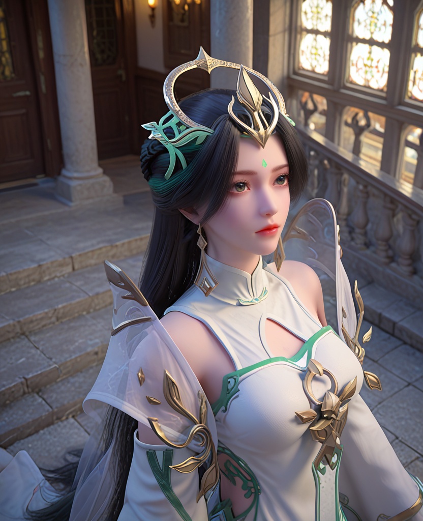 (oriental architecture, elegant decor, sophisticated style:1.1),from above,go up the stairs,(breasts:1.2),<lora:XL完美世界柳神:0.9>,miss liushen,solo,white dress,shawl,black hair,long hair,bangs,hair ornament,blackish green eyes,forehead mark,black hair highlights green hair,clothing cutout,waist cutout,earrings,wide sleeves,, zPDXL2, score_9, score_8_up, score_7_up BREAK realistic, masterpiece,best quality, highly detailed,, zPDXL3, zPDXL2,zPDXL, zPDXLxxx, zPDXLrl,