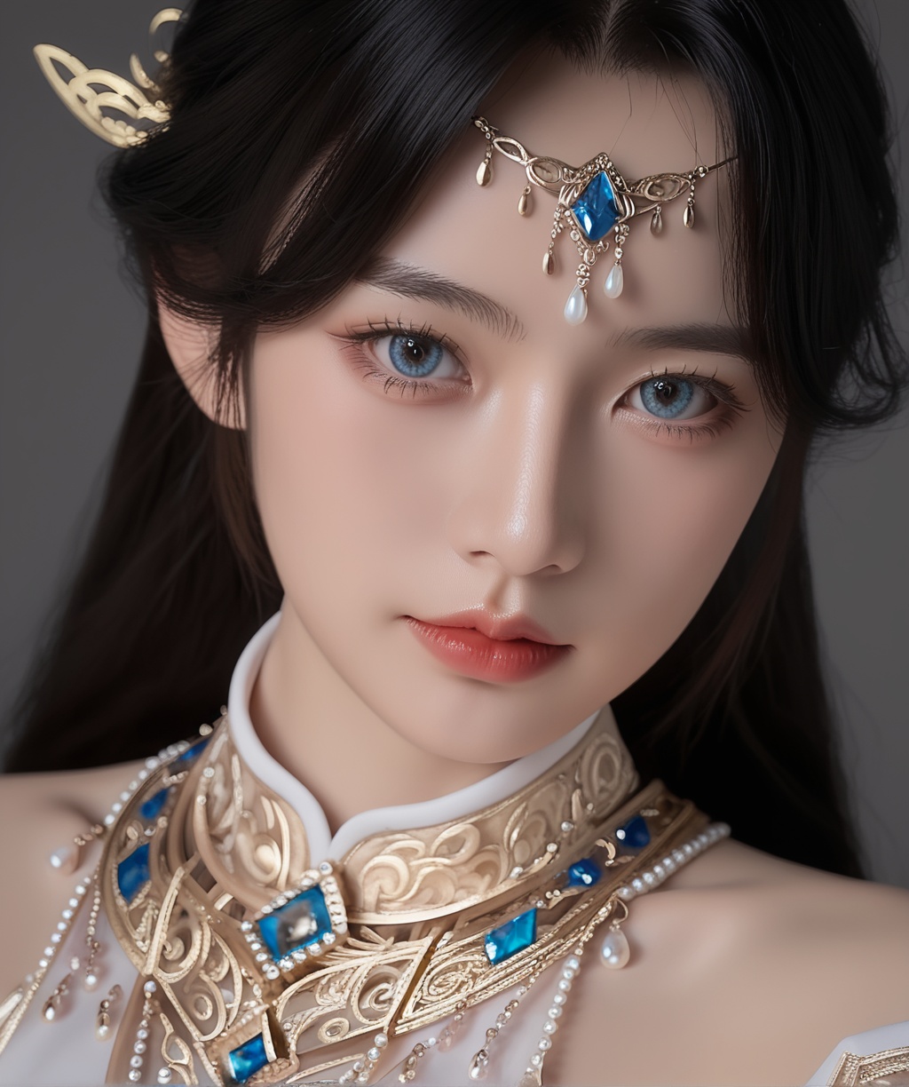 score_9,score_8_up,score_7_up,source_realistic,rating_safe,<lora:monv-000008:0.9>,monv,portrait,(looking at viewer),1girl,solo,blue eyes,forehead jewelry,jewelry,hair ornament,necklace,clothing cutout,detached sleeves,detached collar,collared dress,grey background,