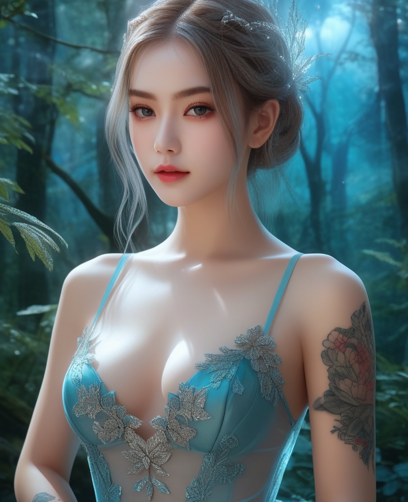 <lora:609-DA-XL-天行九歌-焰灵-水中:0.8>(,1girl, ,best quality, ),looking at viewer,  ,ultra detailed background,ultra detailed background,ultra realistic 8k cg,(masterpiece:1.2),(best quality:1.2),(ultra detailed:1.2),(official art:1.3),(beauty and aesthetics:0.8),detailed,(intricate:0.8),(highly detailed),(solo),delicate countenance,1girl,fancy,(glassy texture:1.2),(crush:1.2),8k,accessory,tattoo,(transparent:1.1),gown,energy encirclement,instant,in the twinkling of an eye,upper body,woman in a mythical forest, masterpiece, perfect face, intricate details, horror theme, raw photo, photo unp(cleavage),,