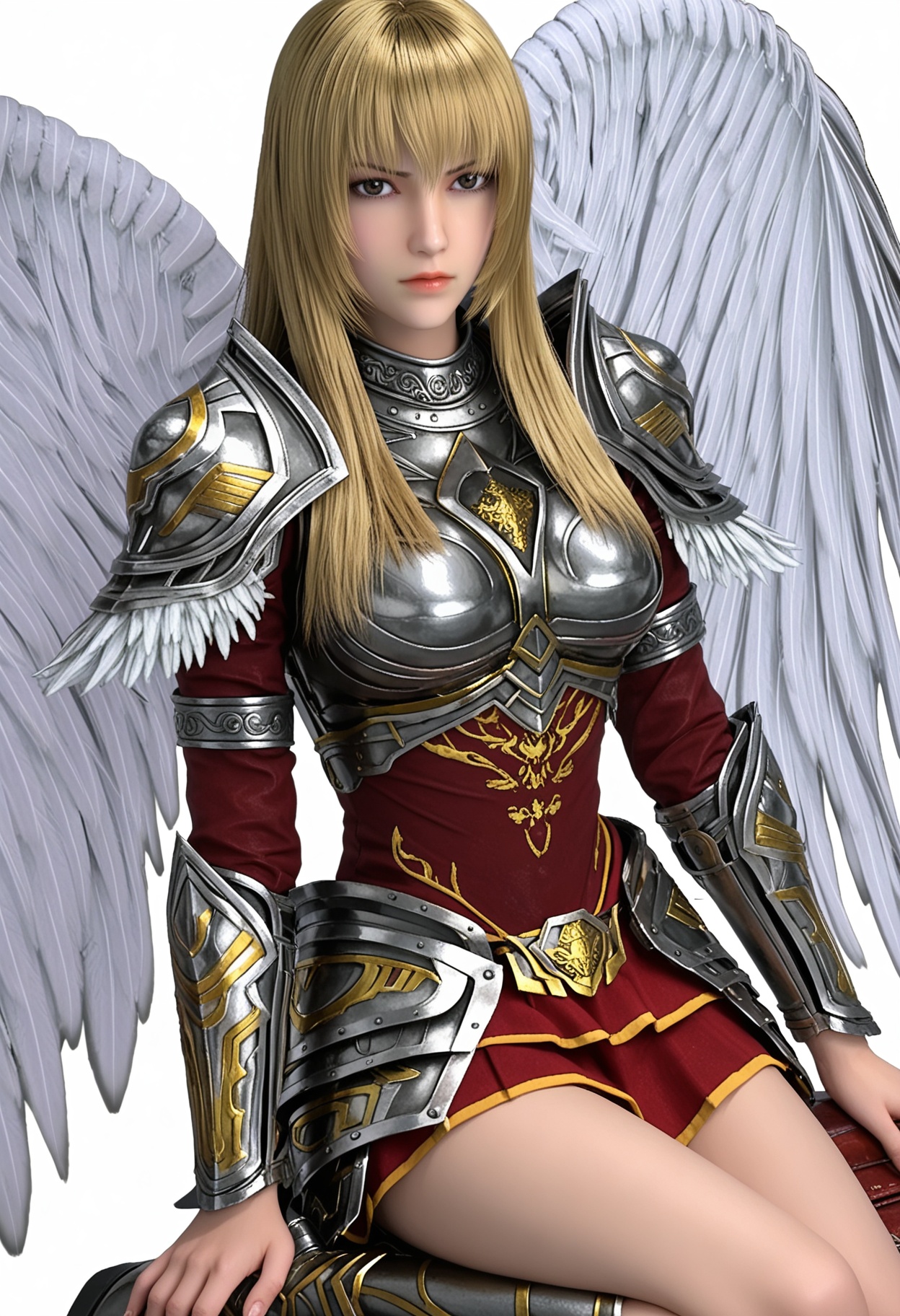score_9,high detail,best quality,shiny skin,shiny,tianshiyan,1girl,solo,brown eyes,blonde hair,long hair,armor,shoulder armor,closed mouth,lips,angel wings,white background,breastplate,realistic,skirt,boots,simple background,looking at viewer,thighs,<lora:QQSponytianshiyanV1:0.8>,<lora:Pony_DetailV2.0:0.8>,<lora:皮肤凹痕:0.1>,