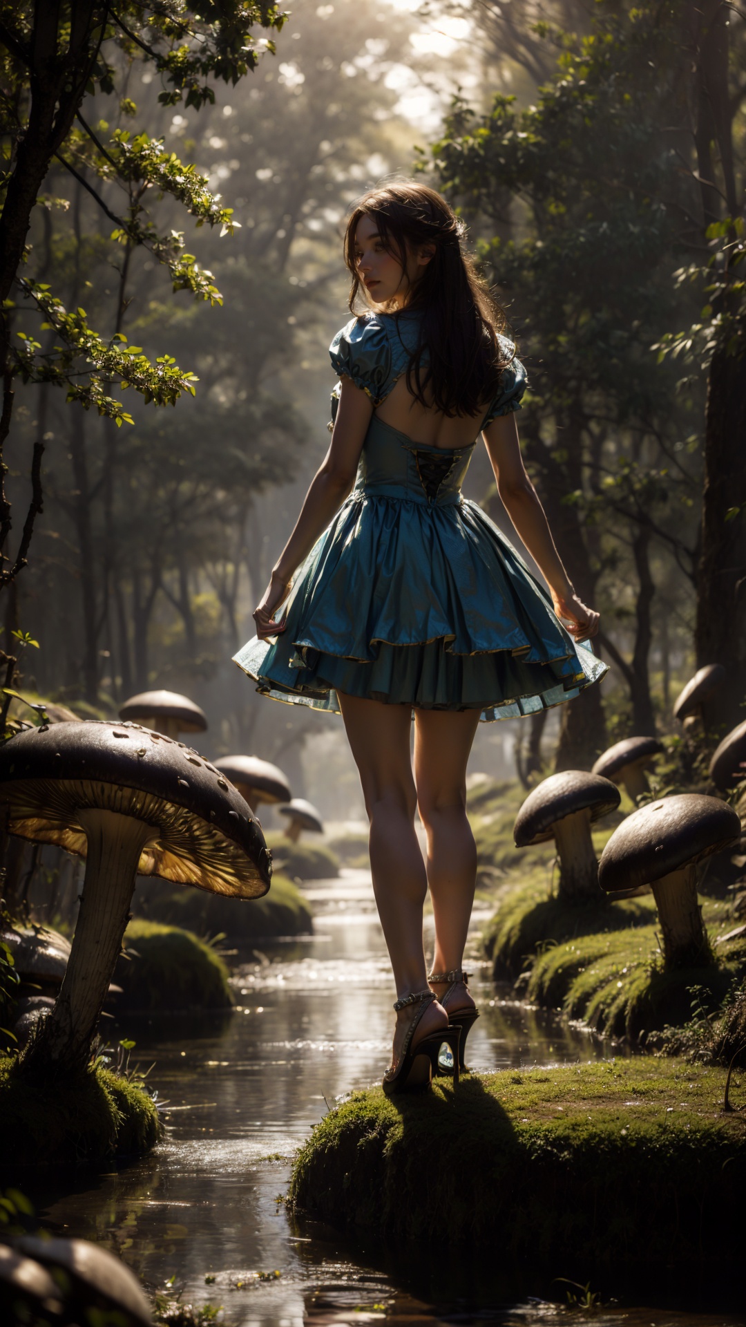 tutututu,high heels,***** Alice in wonderland standing in stream,large mushrooms in background,highly detailed,Beautiful lighting,photoreal,4k,depth of field,night scene,light from godrays shining on ground,<lora:merged_0020:1>,
