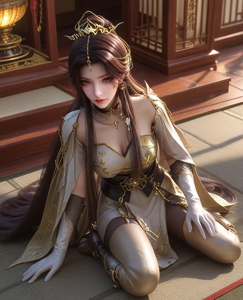 (oriental architecture, elegant decor, sophisticated style:1.1),(Elbows on knees, head resting on her hands,:1.1),From a high-angle vantage point,looking downwards,(large breasts:1.2),<lora:XL16云深不知梦羲和白色战斗服:0.95>,miss xihe,silvery white tiered dress,shawl,yellow eyes,facial mark,black hair,absurdly long hair,traditional chinese updo with long front strands,hair ornament,jewelry,sash,gloves,tights with attached boots,, score_9,score_8_up,score_7_up,score_6_up,score_5_up,score_4_up,3d rendering,tag1,tag2, Cinematic Lighting,backlighting,