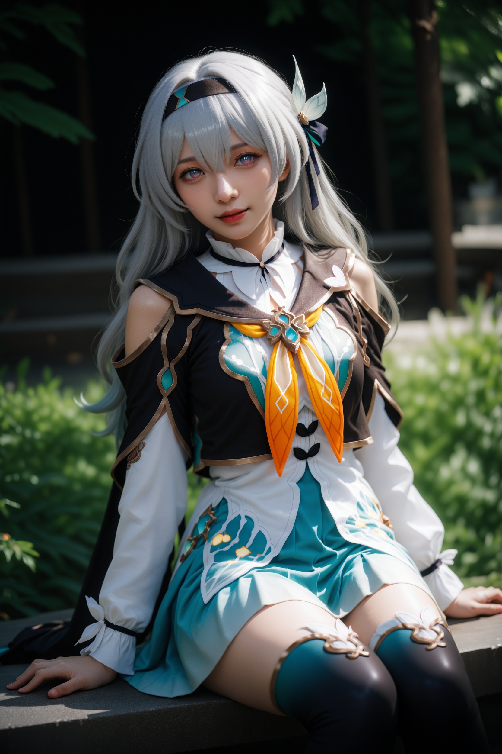 (realistic),detailed,detailed background,.,.,general,.,.,1girl,thighhighs,jewelry,outdoors,firefly \(honkai: star rail\),, very awa, masterpiece, best quality, highres, absurdres,, RAW candid cinema, 16mm, color graded portra 400 film, remarkable color, ultra realistic, textured skin, remarkable detailed pupils, realistic dull skin noise, visible skin detail, skin fuzz, dry skin,