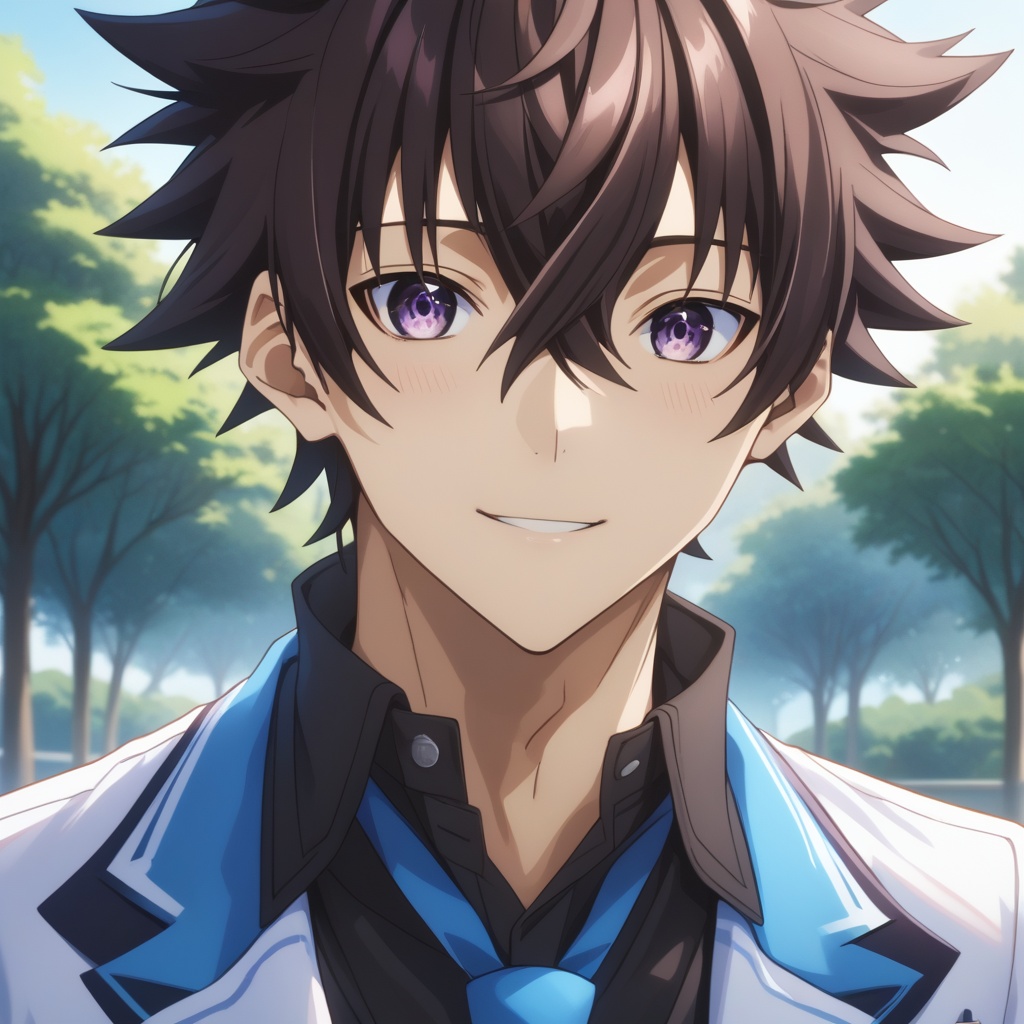 yuuya tenjou, score_9, score_8_up, score_7_up, intricate details, source_anime, 1boy, solo, portrait,  light smile, looking at viewer, black shirt, brown hair, purple eyes, male focus, white jacket, blue necktie, ultra quality,  ultra highres, ultra detailed, depth of field, 16k, cinematic lighting, amazing shading, soft lighting, blue sky, tree, <lora:Yuuya_Tenjou-Ousei_Academy-XLPony-03:1>