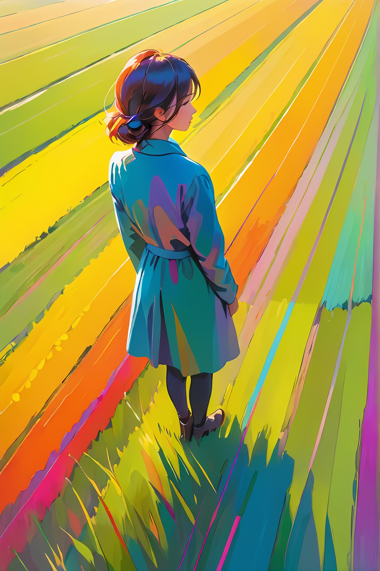 Impressionism, a figure standing amidst a field of vibrant colors and intersecting lines, evoking feelings of depth and movement, a serene background with soft lighting, seen from a bird's eye view, high-resolution details with delicate brushstrokes.