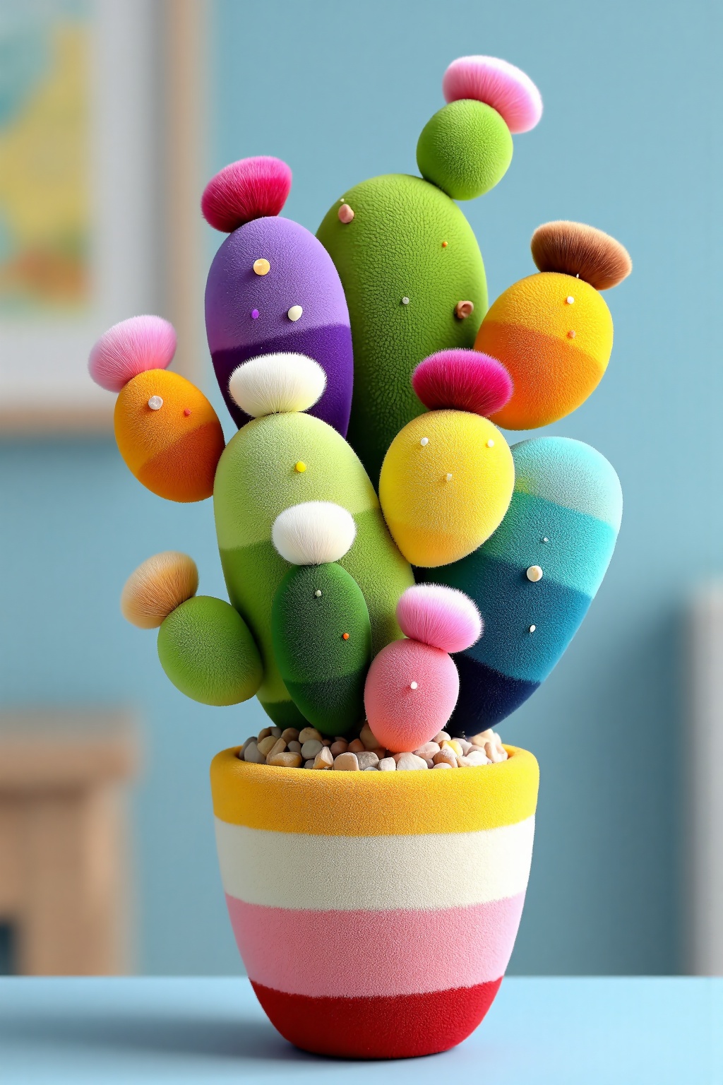 beijihui,a multi-colored cactus is perched on a white surface. The cactus's vibrant colors are a mix of pink,purple,yellow,and blue,adding a pop of color to the otherwise monochromatic scene. The background is blurred,allowing the cactus to be the focal point of the image.,