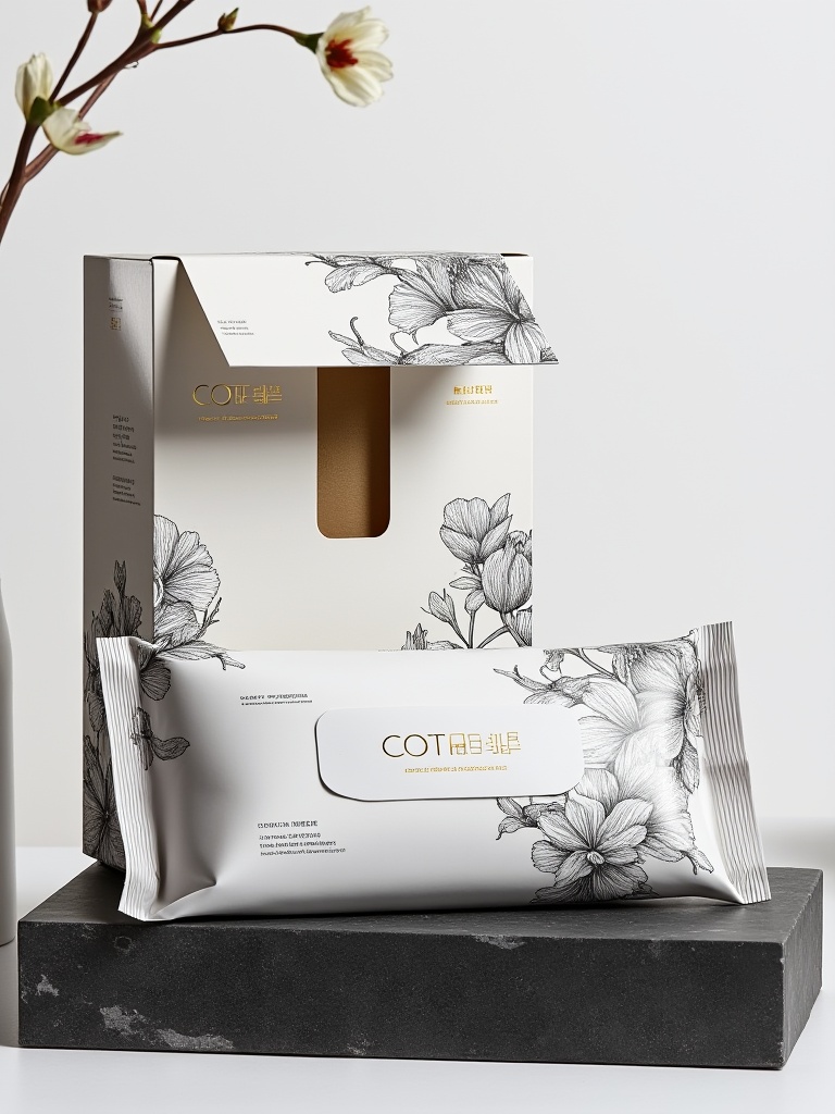 miluo_bzsj, The packaging design of the "COTprefill" brand has been created with golden text "90% cotton and soft paper", incorporating black ink illustrations of leopard, dragon elements, and wildflowers on a white background. The packaging features an open window hanging from the top left corner, with silver foil lettering on it reading "injection film", "light fabric", and "looming effect". In front is an unzipped bag of facial tissue placed on a dark stone slab, with the overall composition being symmetrical. <lora:miluo丨包装设计丨现代简约-1.3:1>
