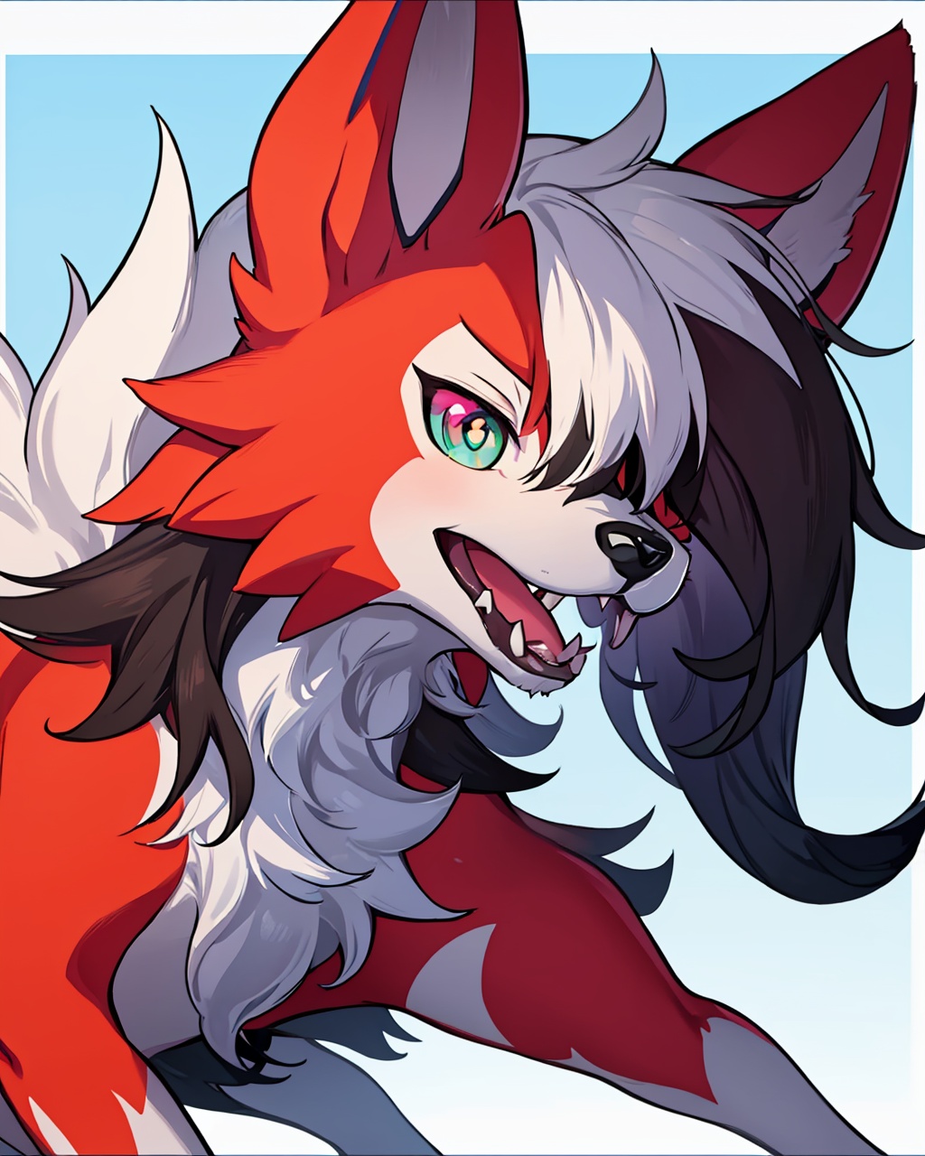 masterpiece,best quality, highly detailed, lycanroc,pokemon (creature), no humans, smile, open mouth, fangs, cat, paint, white border, fang, looking at viewer,<lora:lycanroc:1>