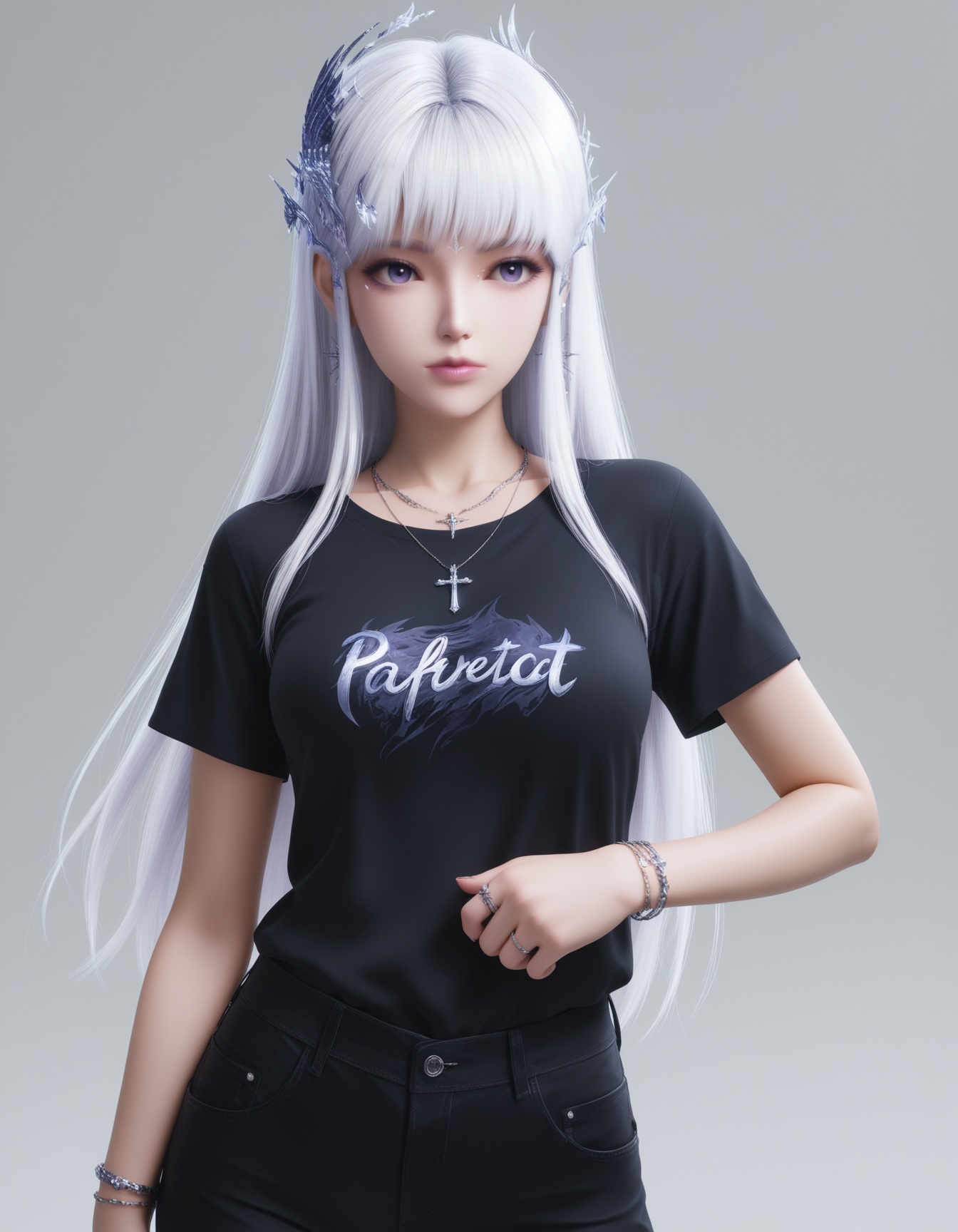 masterpiece,best quality,realistic,cinematic,detail eyes,(ultra-detailed),perfect composition,intricate details,absurdres,detailed face,high quality,high res,8K,white hair,purple eyes,hair_ornament,<lora:X_shengcaier_f_IL4.0:0.8>,1girl,solo,jewelry,shirt,black shirt,necklace,pants,print shirt,grey background,black pants,bracelet,simple background,t-shirt,cowboy shot,short sleeves,ring,clothes writing,fashion,cross,medium breasts,
