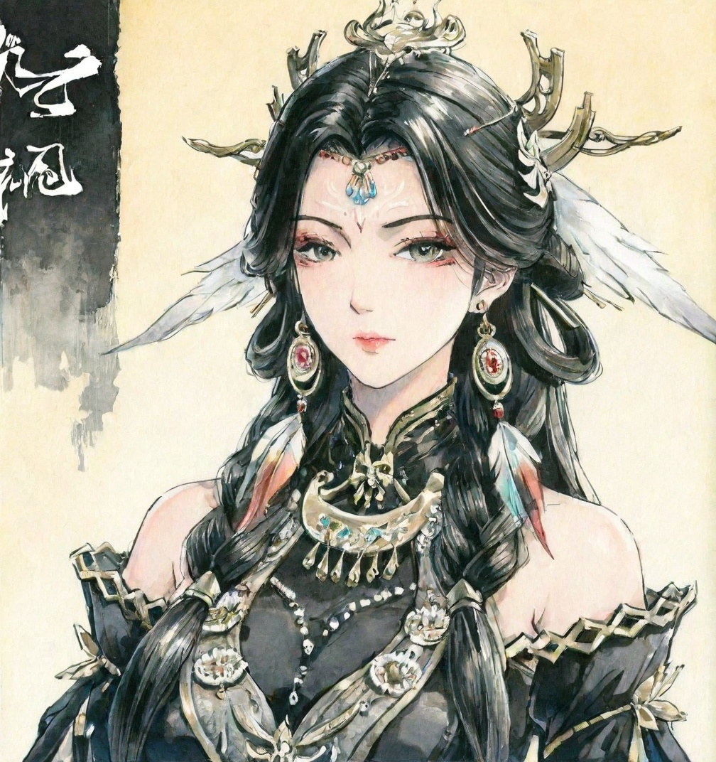 ((very awa)),solo,highly detailed,(best quality),((masterpiece)),1girl,chi,<lora:鸽正则nbXL:0.4>,ge,<lora:chi正则100nbXL:0.7>,traditional media,painting \(medium\),watercolor \(medium\),looking_at_viewer,(mature_female),<lora:玲珑诛仙第三季nbXL:0.7>,linglong,long hair,jewelry,earrings,black hair,hair ornament,upper body,simple background,bare shoulders,black_clothes,