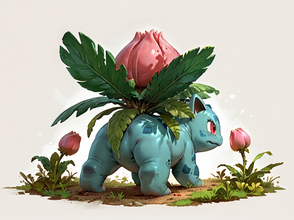 masterpiece,female ivysaur,score_9,score_8_up,score_8_up,feral,bud,a pink bud on the back,red eyes,green body,full body,simple background,(Green leaves on the back:0.8),(vines:0.6),(3 toes:1.1),pokemon \(creature\),<lora:ivysaur pony:1>,ultimate detail,(from behind:1.2),sfw
