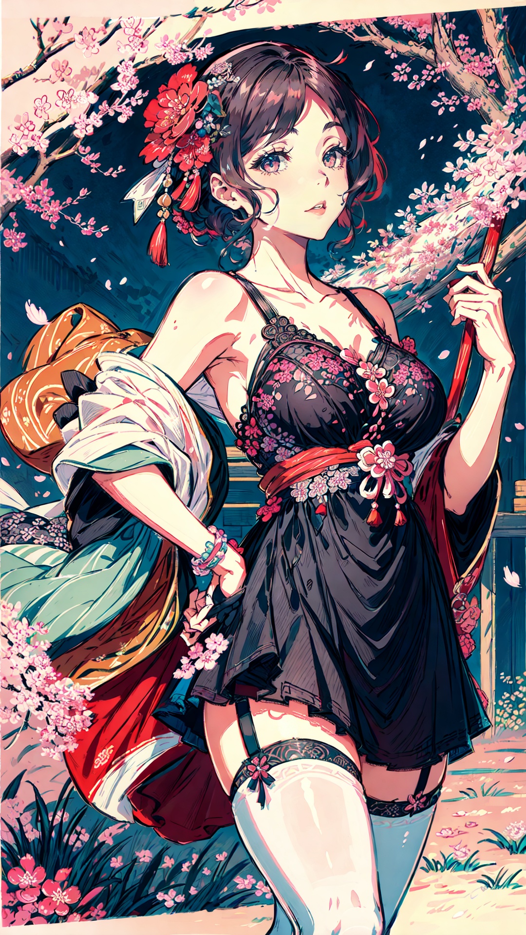 tutututu, breasts, medium breasts, see-through, underwear, lingerie, skirt,black pantyhose, (masterpiece:1.0), (best quality:1.0), ((highly intricate details)), Katsushika Hokusai-inspired illustration art, bustling urban scene with a woman in a dress, cherry blossom trees in full bloom, energetic and dynamic brushwork, lively and vivid color palette, a celebration of seasonal beauty and the joy of life, intricate details and patterns, a sense of movement and vitality, an homage to the everyday charm and vibrancy of Hokusai's artistic style, <lora:add_detail:0.55> <lora:tutucs_v1:0.85>