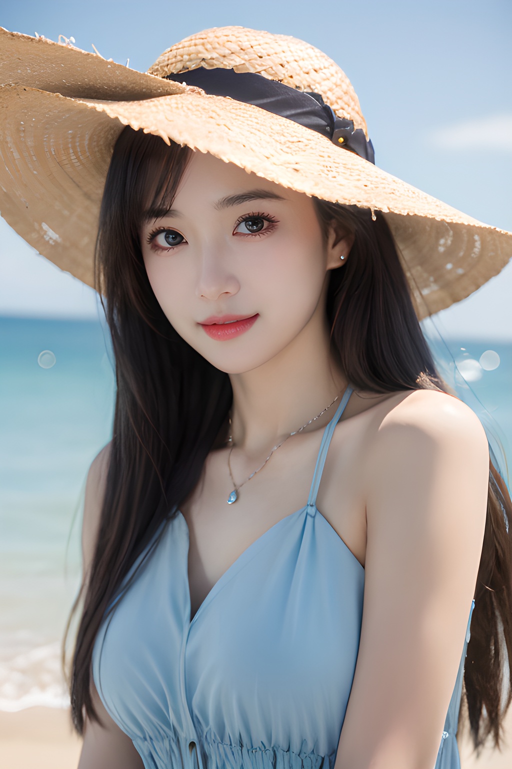 <lora:0811_03:0.7>,araffe girl with long hair wearing a straw hat and blue dress, 1girl, solo, hat, straw hat, long hair, looking at viewer, necklace, jewelry, heart necklace, smile, heart, brown hair, bangs, day, beach, outdoors, upper body, black hair, sunlight, closed mouth, swimsuit, selfie, sky, ocean,, 1girl,realistic,masterpiece, best quality, photorealistic, HDR,detail