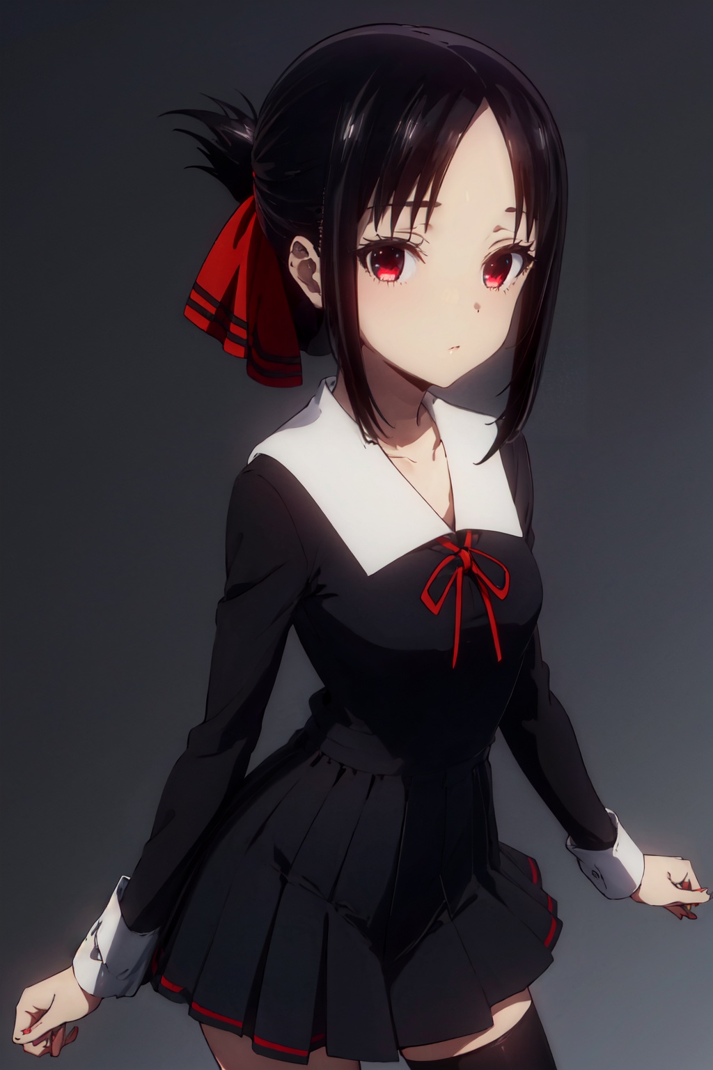 1girl,looking at viewer,solo,black hair,short hair,folded ponytail,red eyes,shuuchiin academy school uniform,dress,ribbon,red ribbon,socks,black socks,hair ribbon,black dress,kneehighs,shoes,long sleeves,<lora:Kaguya:0.8>,Kaguya_CYQL,portrait,beautiful face,beautiful eyes,glossy skin,shiny skin,grey background,simple background,posing in front,masterpiece,best quality,beautiful and aesthetic,contrapposto,female focus,wallpaper,fashion,