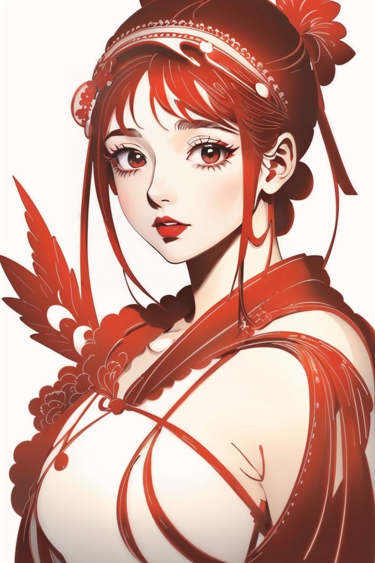 ((HRD, HUD, 8K)),((masterpiece, best quality)), highly detailed,paper-cut, monochrome, red theme, white background, simple background, 1girl, solo, black hair, ponytail, short hair, black eyes, lips,looking at viewer,  <lora:20231226-1703580387565:1>