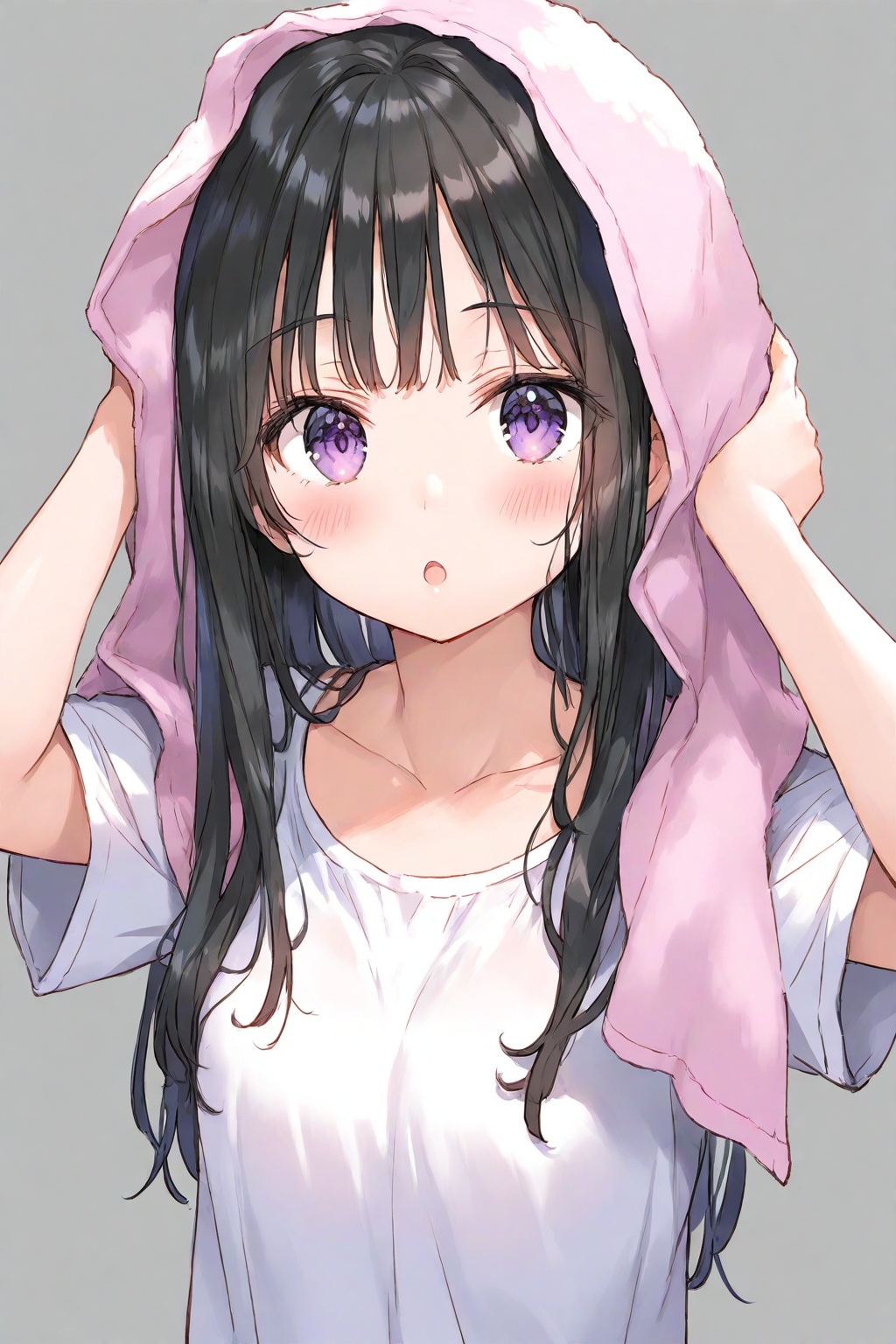 1girl, solo, long hair, looking at viewer, blush, open mouth, bangs, simple background, shirt, black hair, purple eyes, collarbone, white shirt, upper body, short sleeves, :o, sketch, towel, drying, drying hair