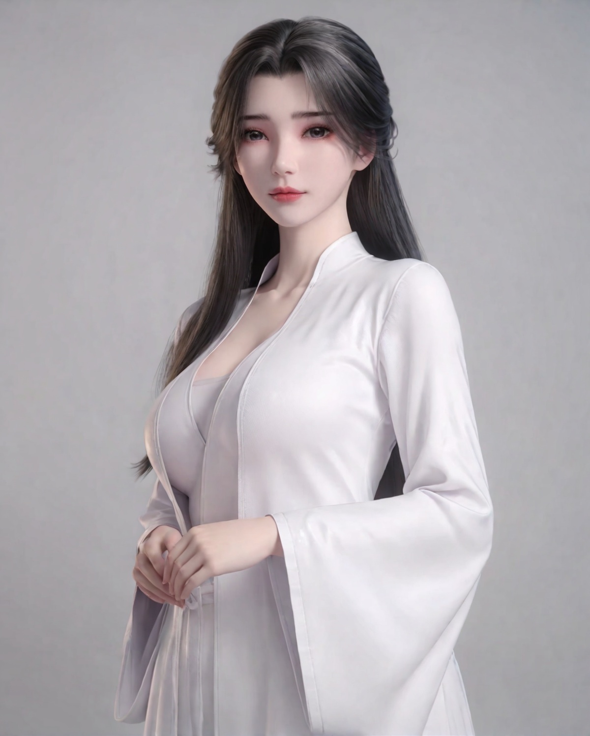 <lora:SF_LiMuWanWhite_Pony_Realism-000003:0.7>,long hair,white clothes,1girl,large breasts,standing,wide sleeves,solo,looking at viewer,simple background,portrait,