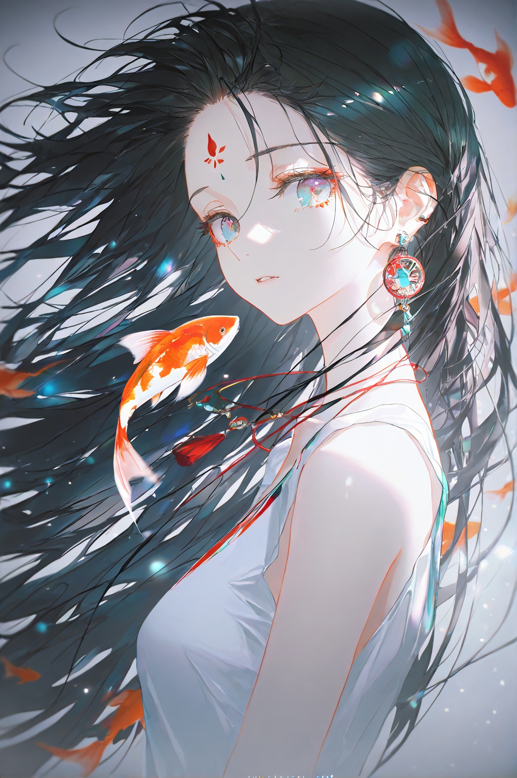 1girl,solo,long hair,looking at viewer,black hair,hair ornament,bare shoulders,jewelry,upper body,earrings,from side,floating hair,facial mark,fish,forehead mark,koi,depth of field,light particles,lens flare,(artist:quasarcake:0.8),extreme aesthetic,(wlop:0.6),wanke,rella,wanke,masterpiece,best quality,good quality,newest,year 2024,year 2023,very aesthetic,absurdres,Visual impact,Electromotive force,perspective composition,A shot with tension,ultra-high resolution,32K UHD,sharp focus,best quality,masterpiece,Emotionalization masterpiece,unconventional supreme,masterful details,with a high end texture,in the style of fashion photography,(Visual impact:1.2),giving the poster a dynamic and visually striking appearance,impactful picture,offcial art,colorful,splash of color,movie perspective,masterpiece,best quality,amazing quality,very aesthetic,absurdres,best quality,newest,qxsy,